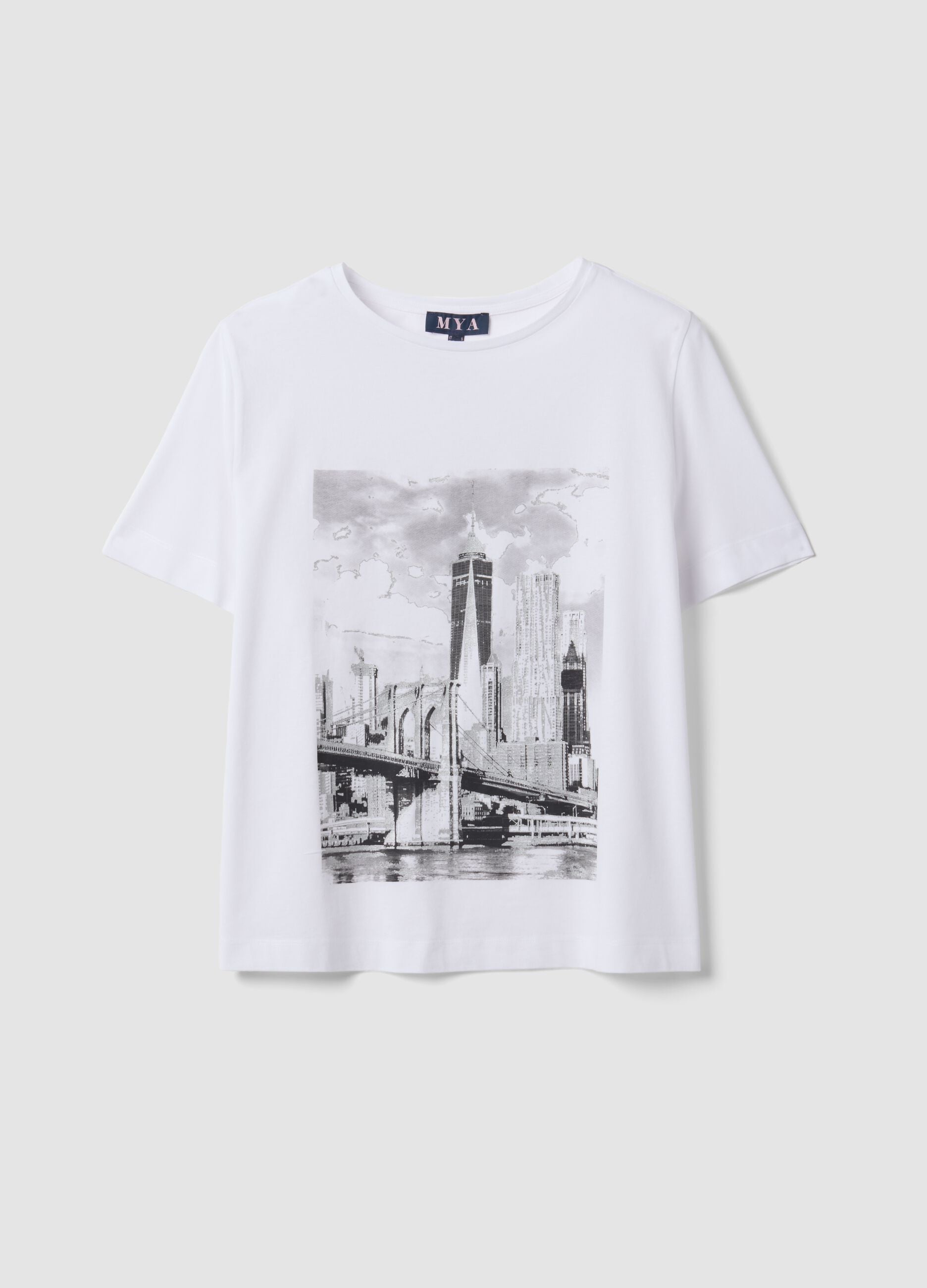 White pure cotton T-shirt with graphic print, regular fit