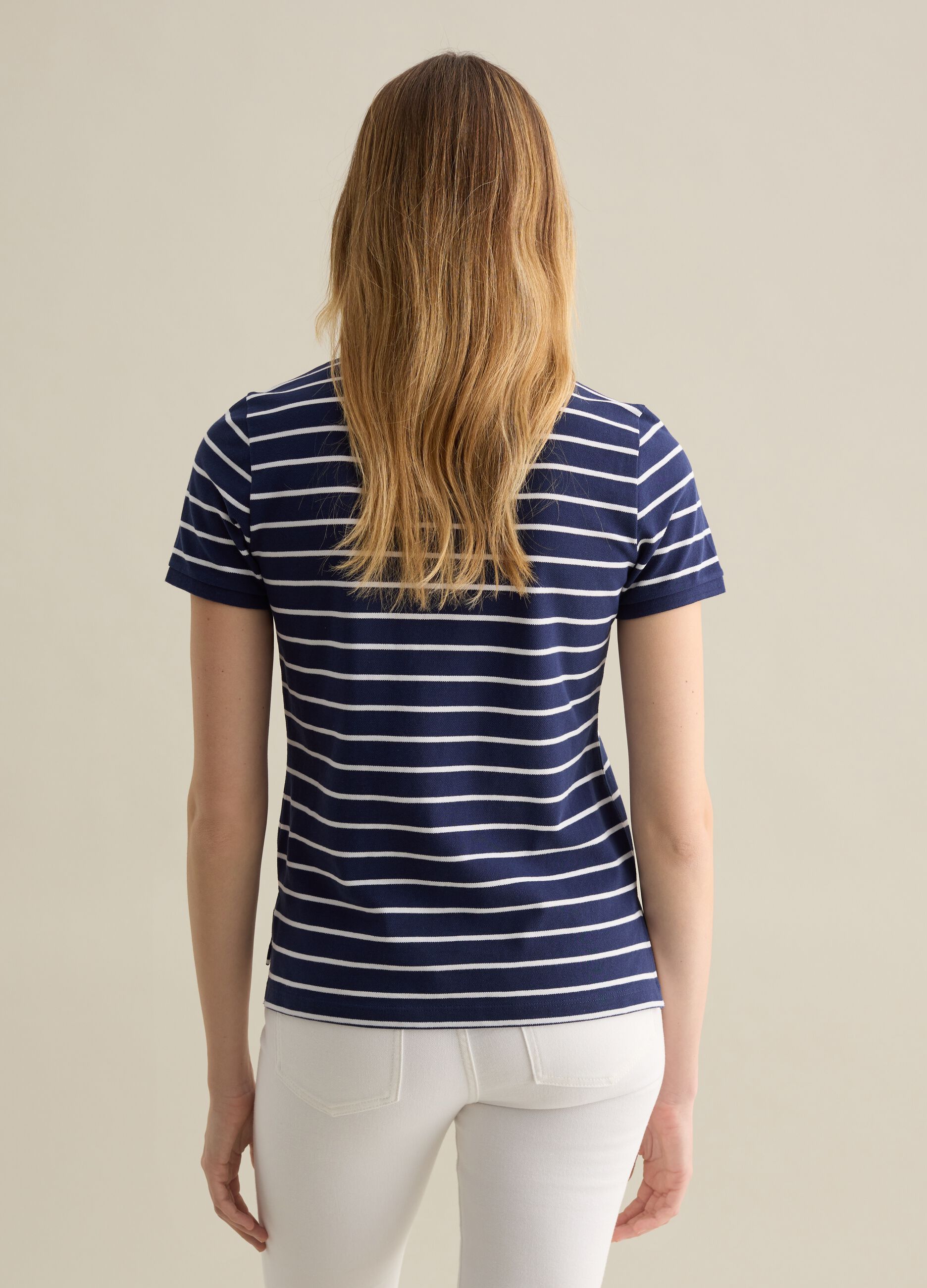 Blue and white striped polo shirt in piquet