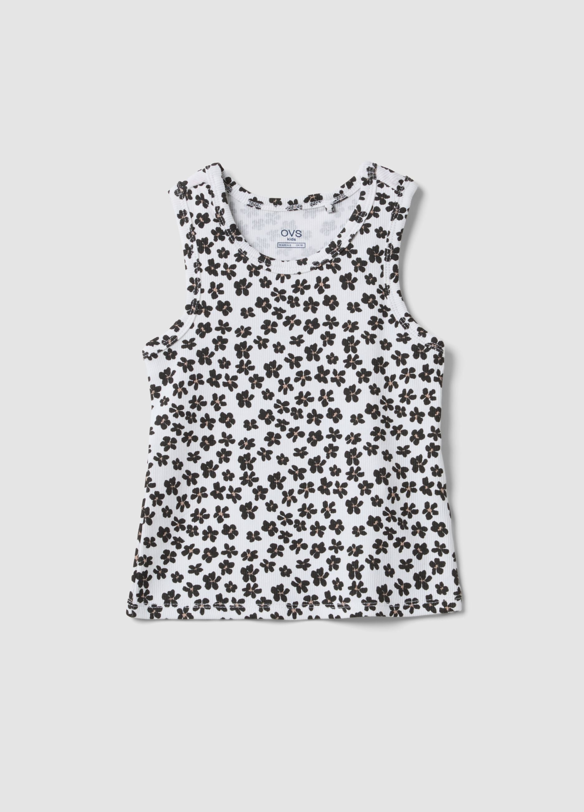 White ribbed stretch-cotton tank top with floral print
