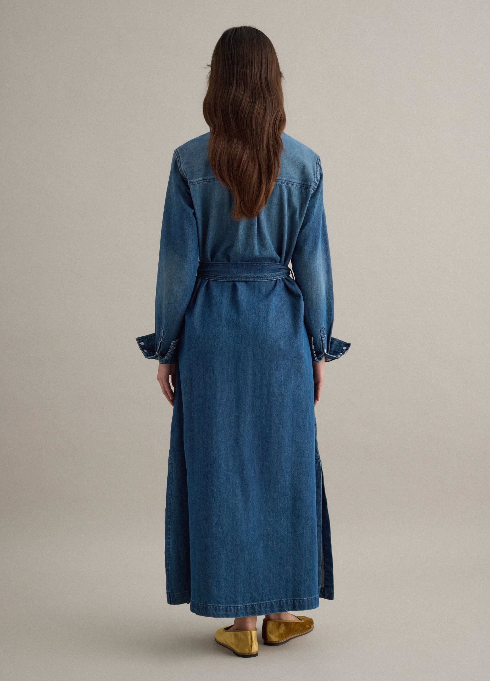 Long dress in pure blue denim cotton regular fit