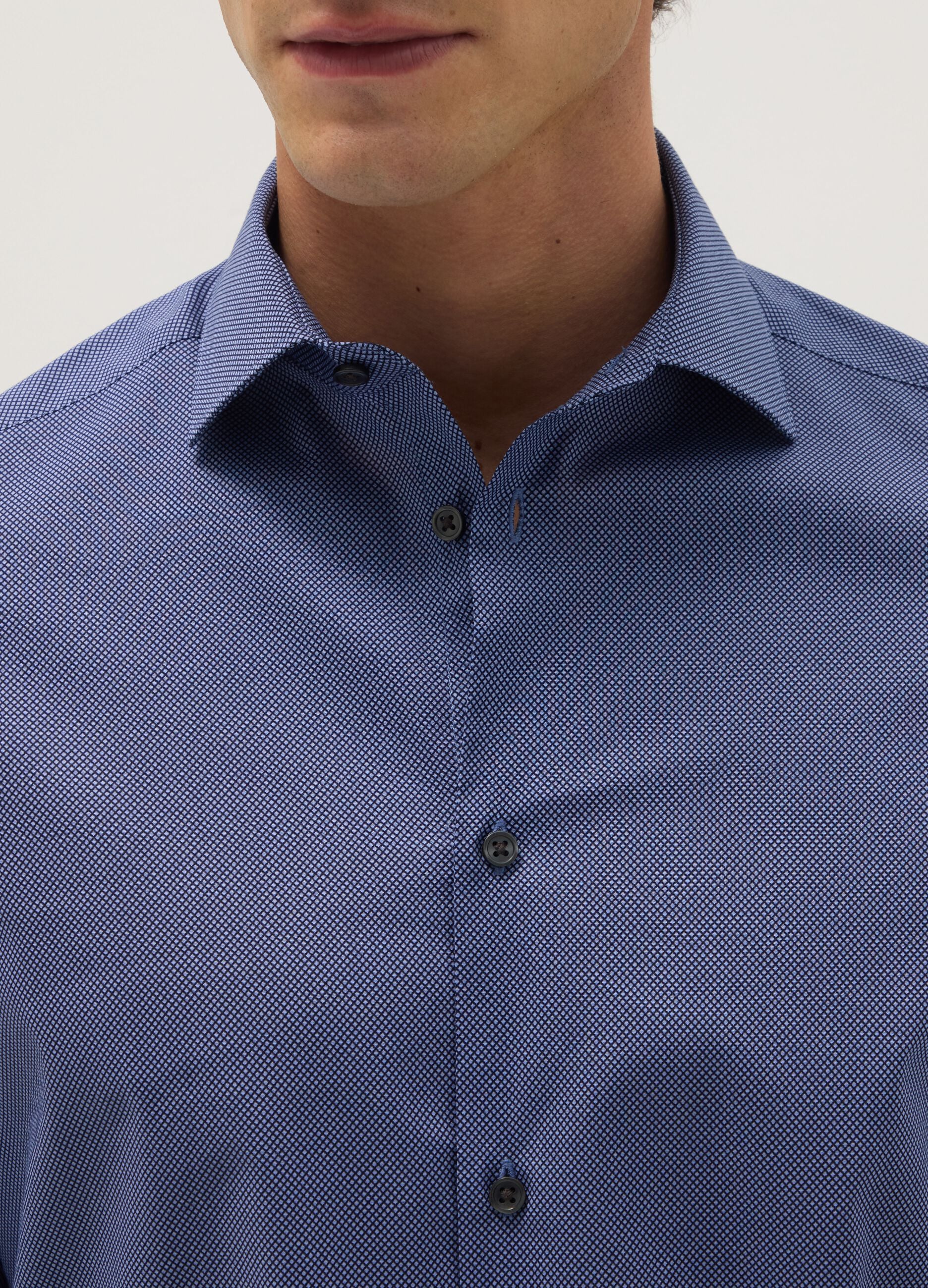 Blue stretch cotton shirt with micro checks, slim fit