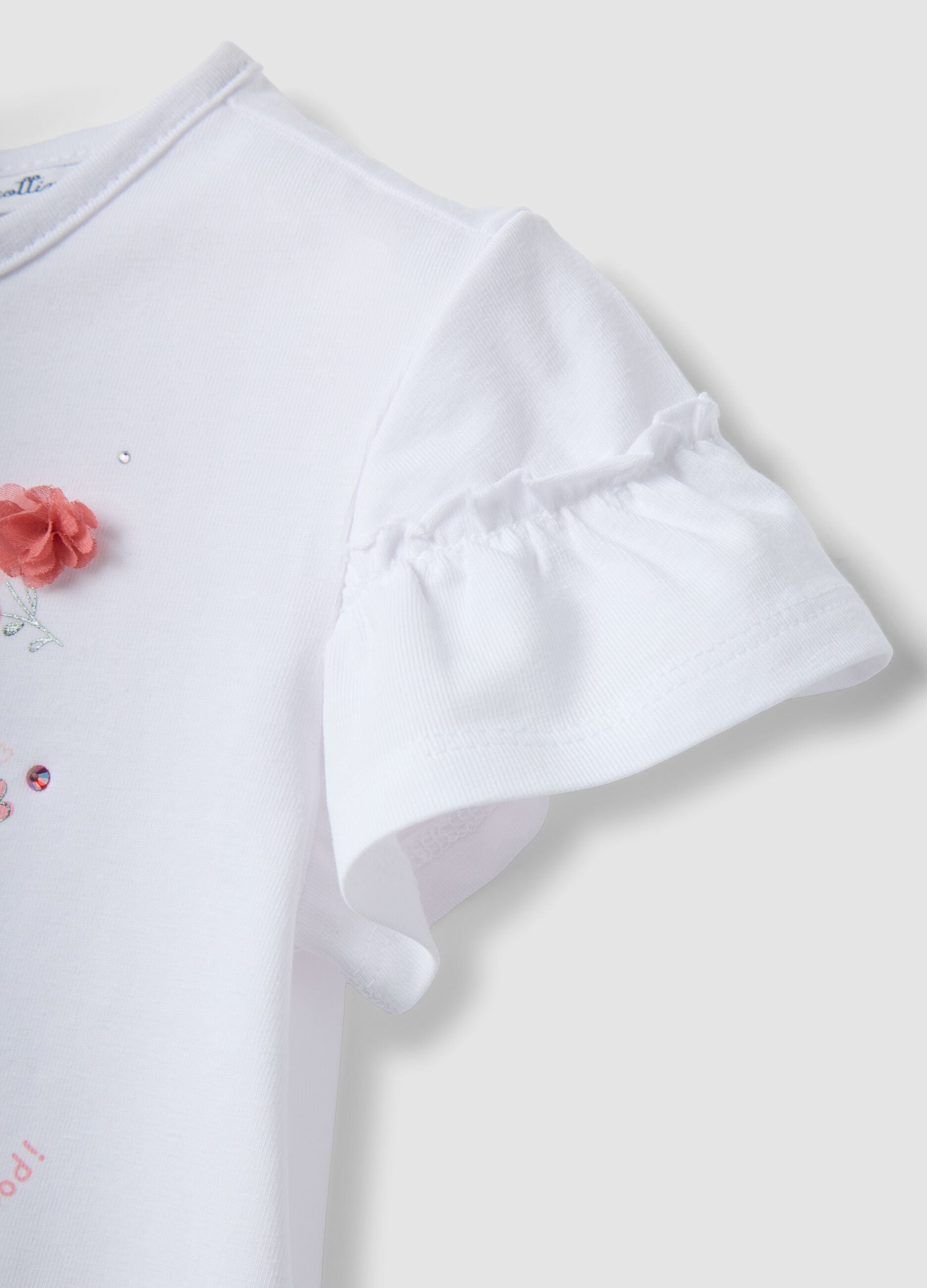 Girls' regular fit white stretch cotton t-shirt with flowers