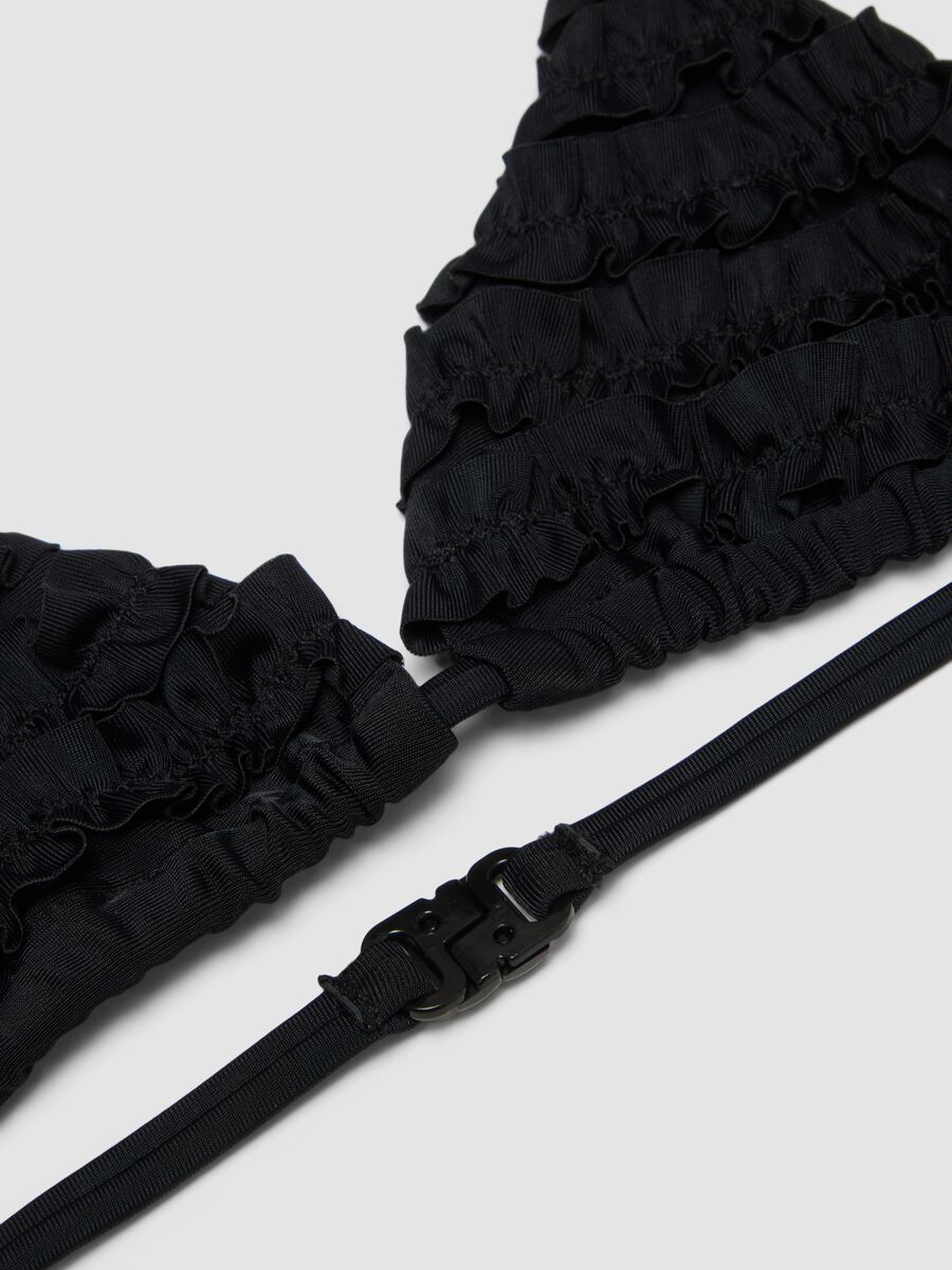 Bikini nero a triangolo in tessuto elasticizzato con volant_2