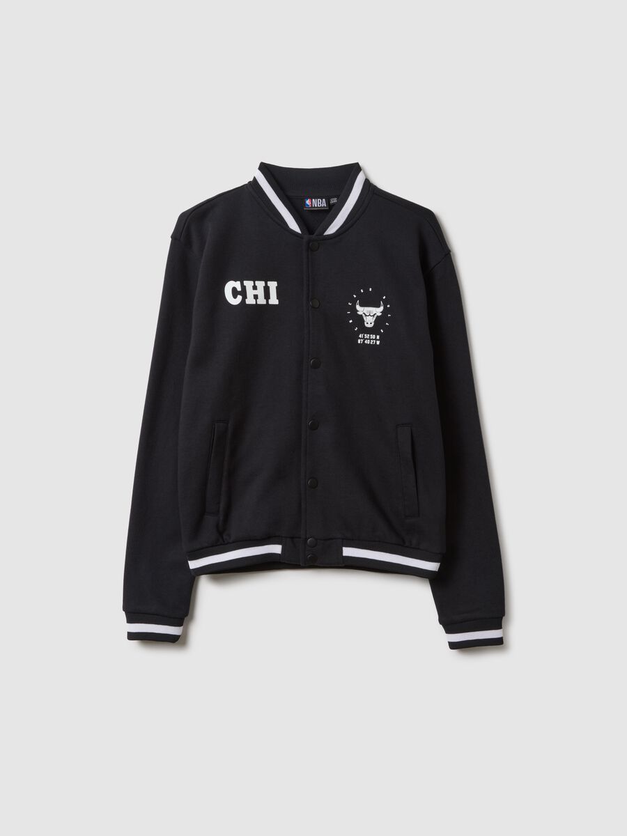 Black cotton blend bomber jacket for kids, regular fit with print_3
