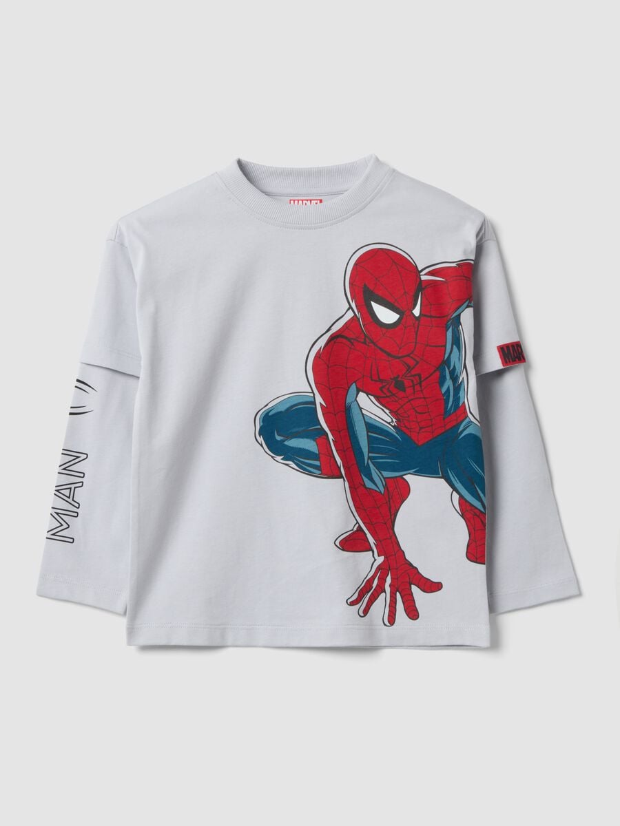 Grey long-sleeved pure cotton T-shirt with MARVEL Spider-Man print for boys_0