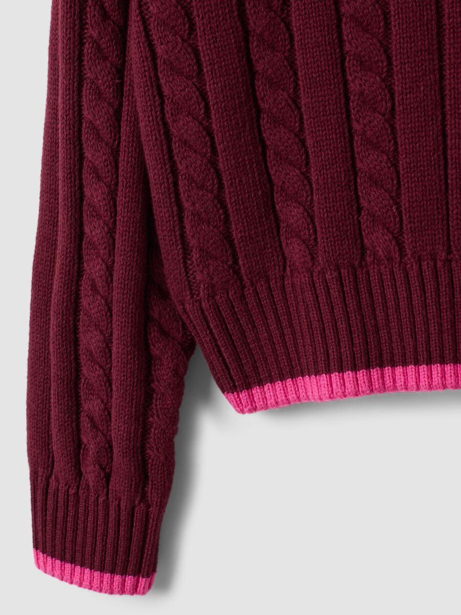 Red pure cotton cable-knit V-neck jumper for girls_3