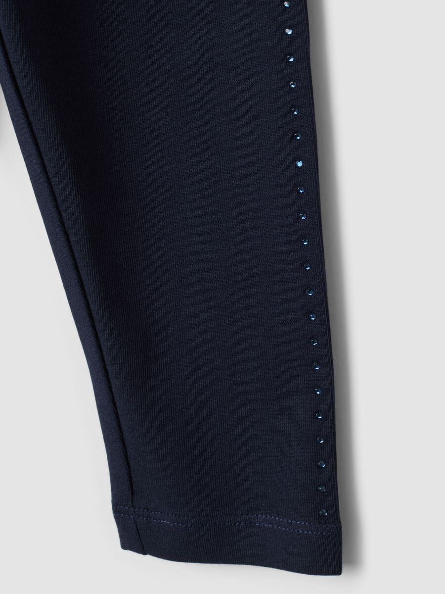 Blue stretch organic cotton leggings with rhinestones for baby girl_3