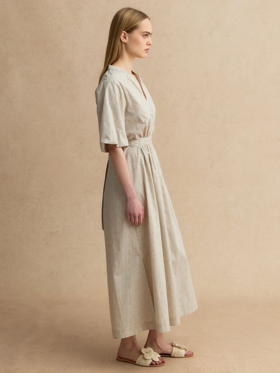 Beige striped pure cotton maxi dress, regular fit with V-neck_1