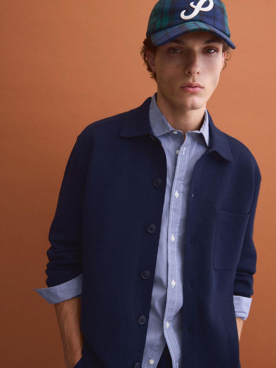 Cardigan blu con colletto in misto cotone regular fit_1