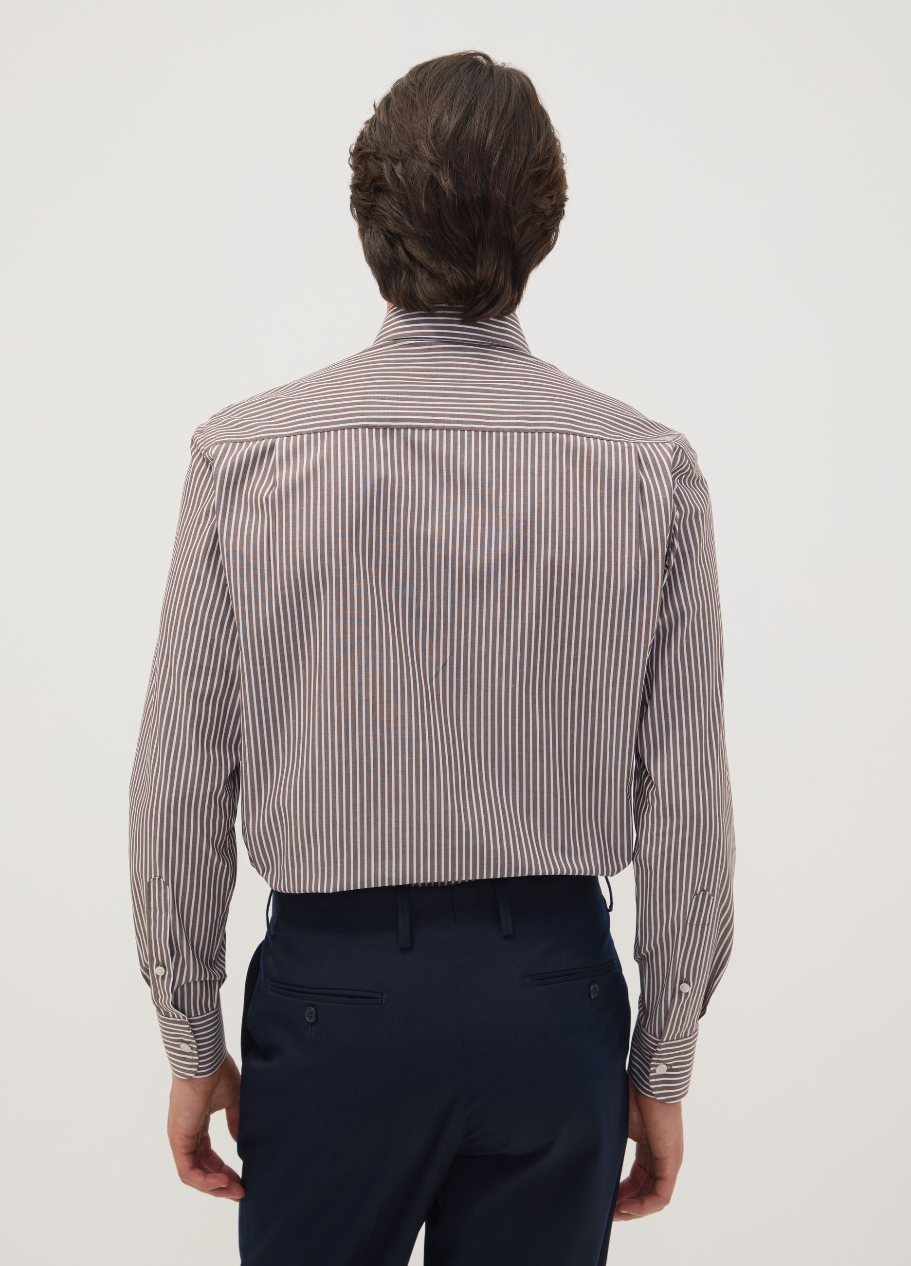 Brown striped cotton-blend button-down collar easy-iron regular-fit shirt