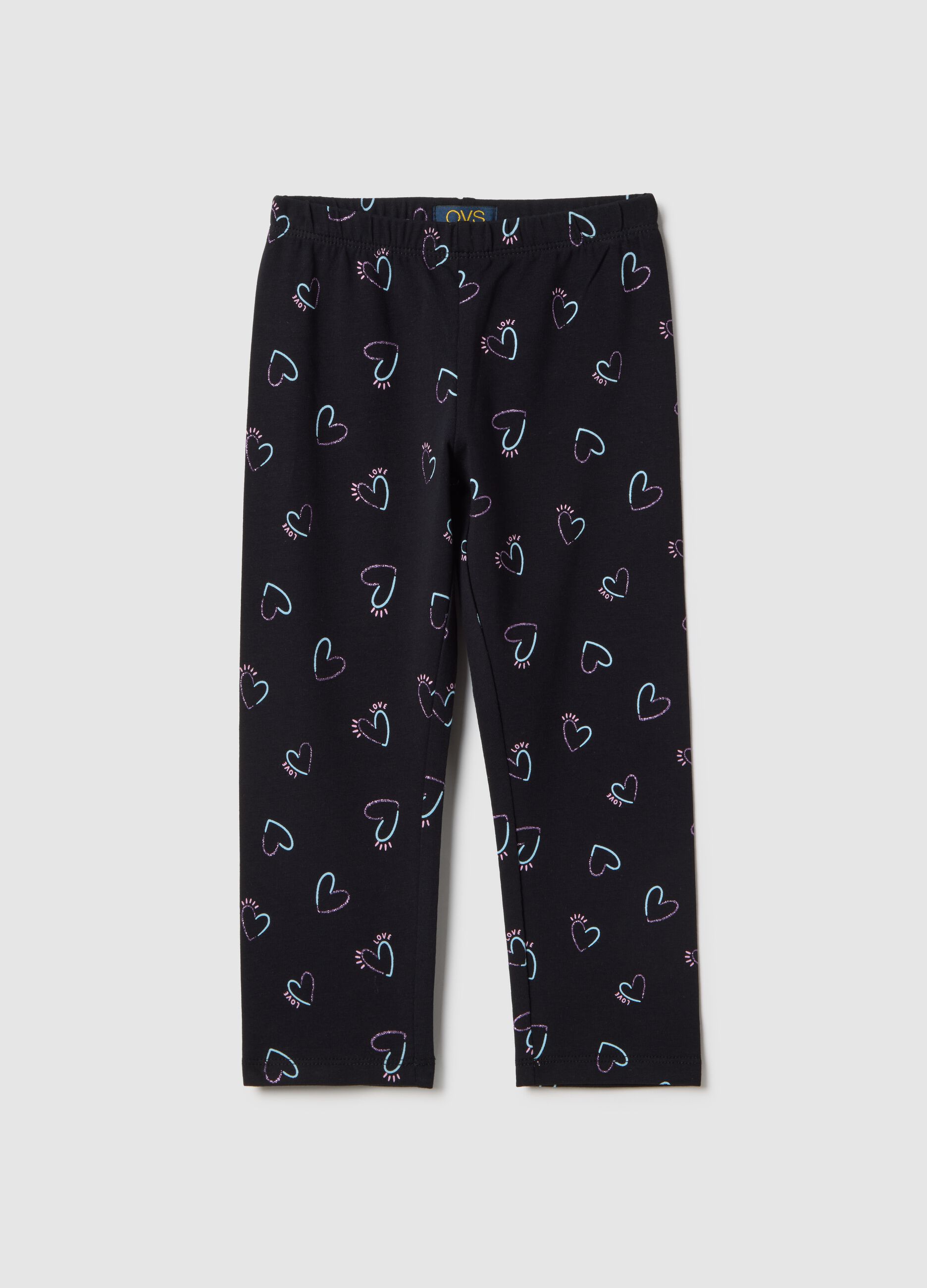 Girls' black stretch cotton skinny fit leggings with hearts