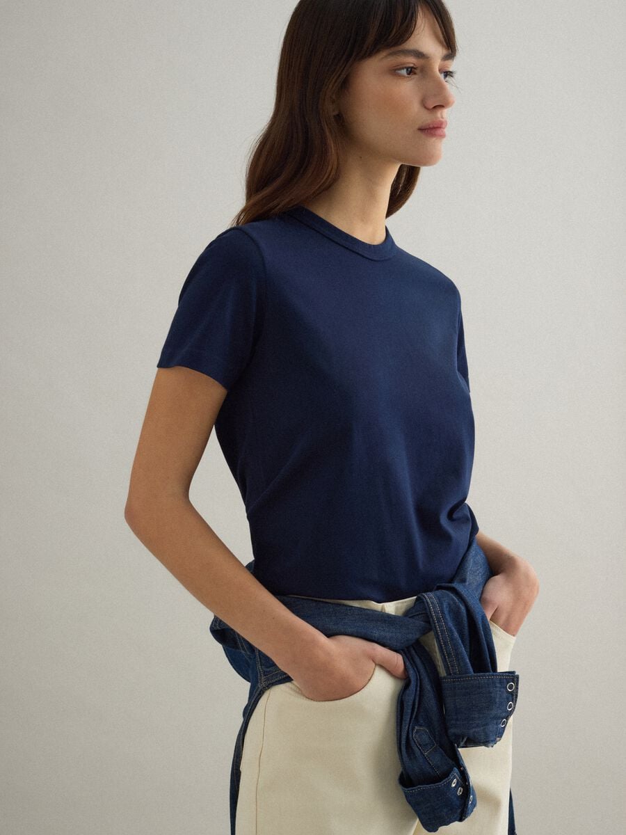 Regular Fit Blue Crewneck Pure Cotton T-Shirt_0