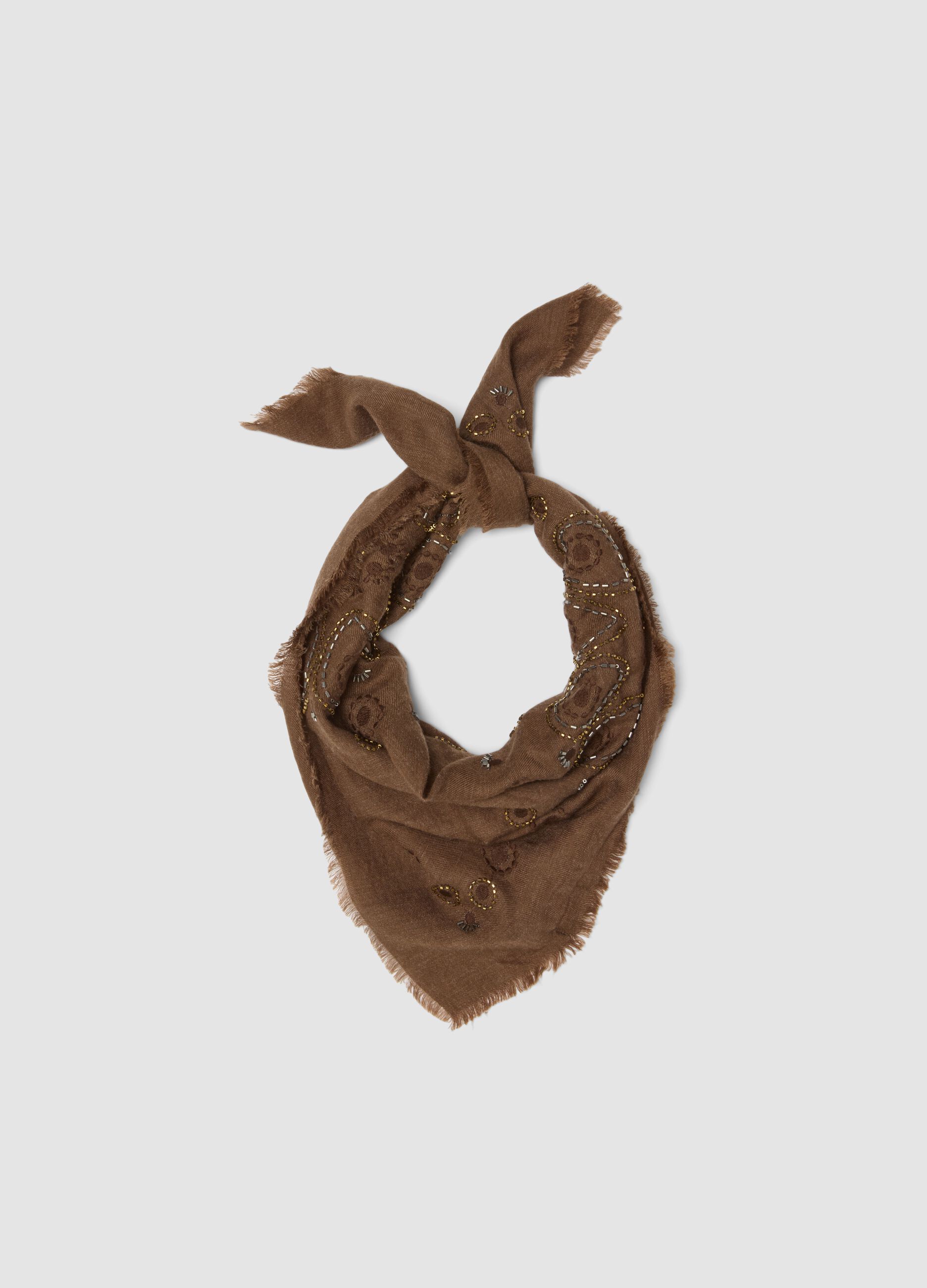 Brown wool-blend scarf with embroidery