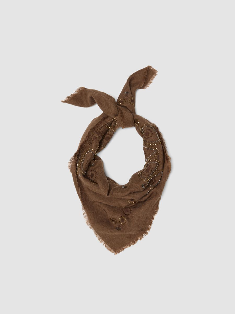 Brown wool-blend scarf with embroidery_0