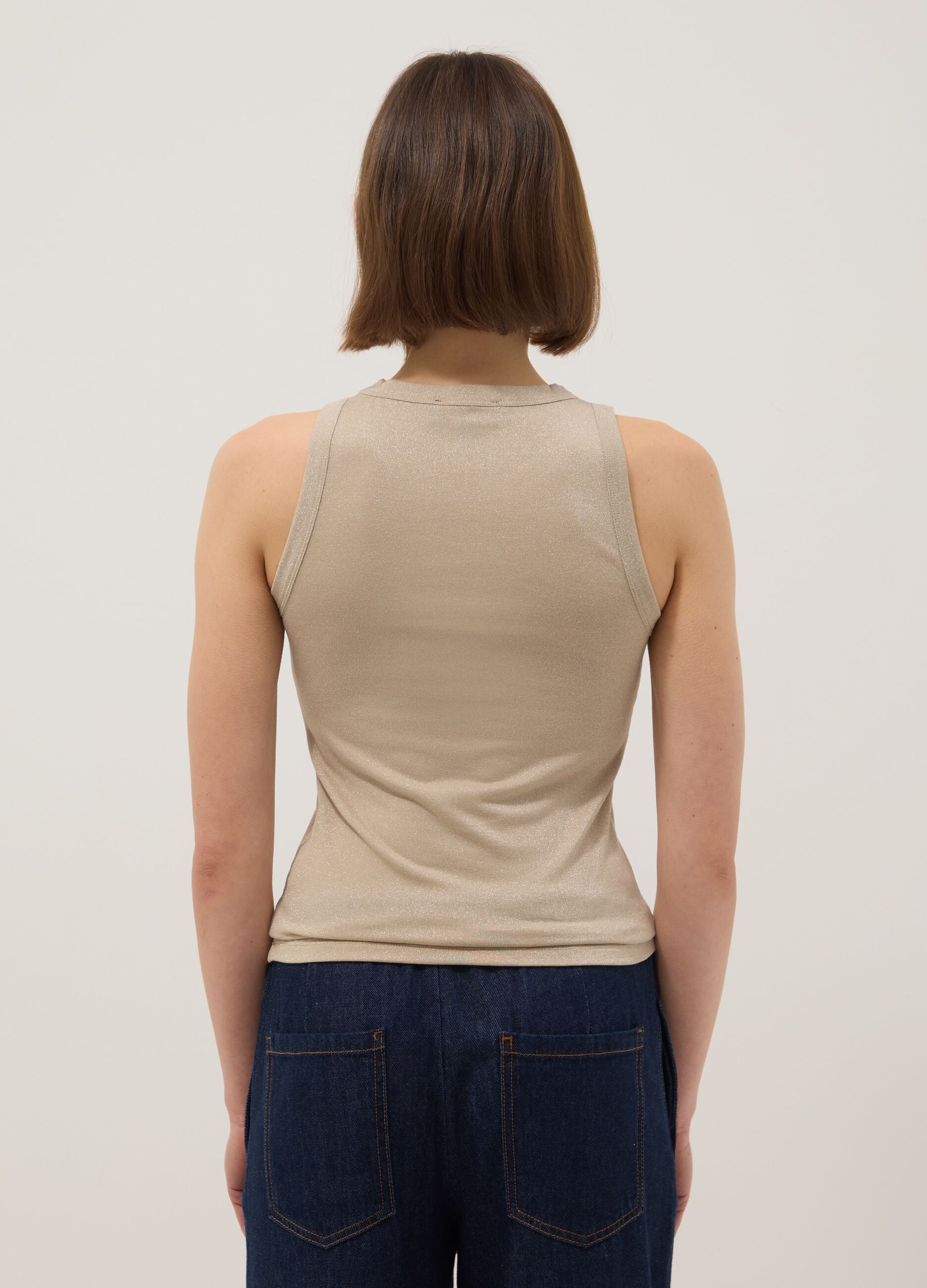 Beige glitter top with thin straps, regular fit