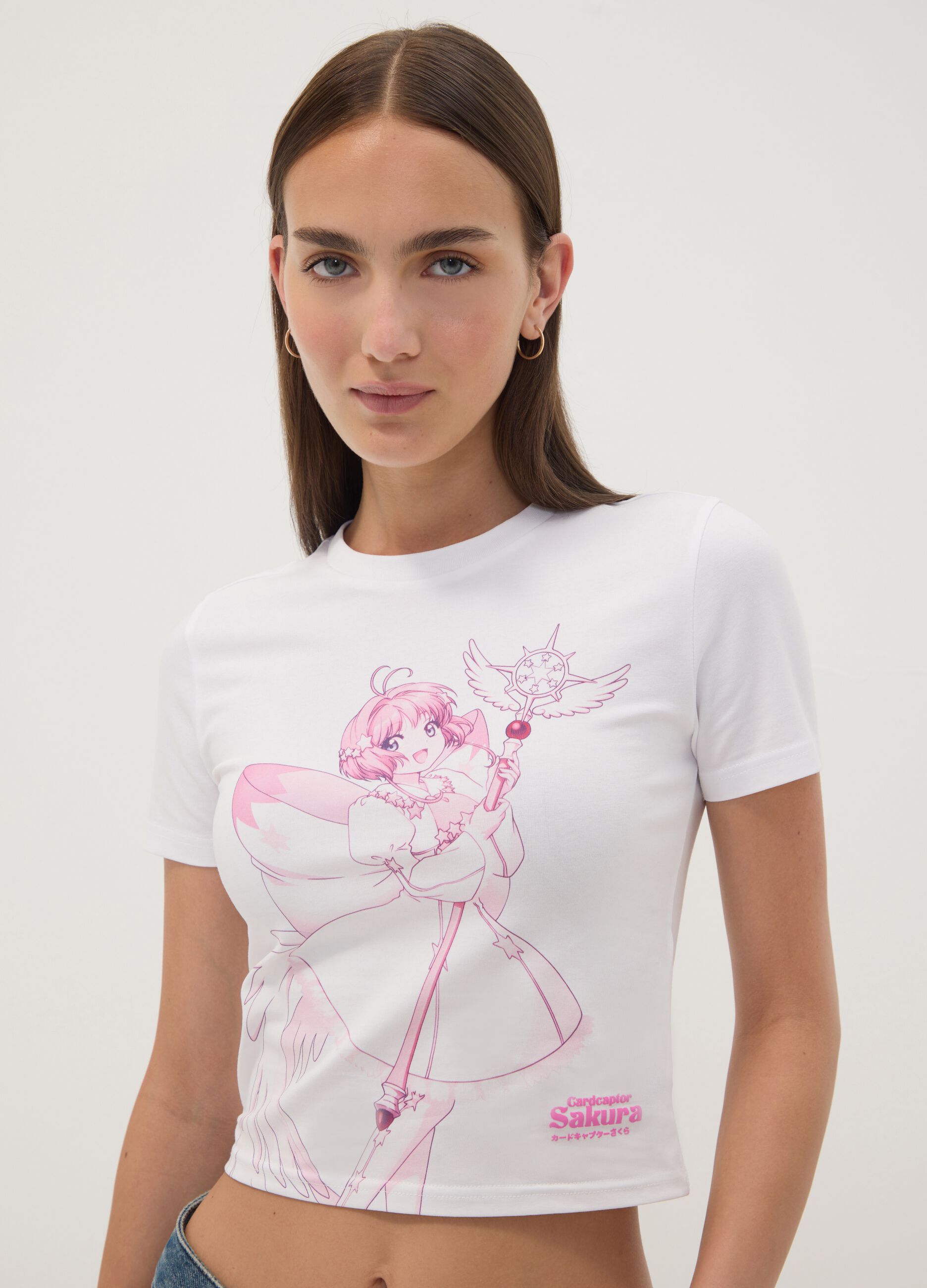 White stretch cotton T-shirt with Sakura print, regular fit