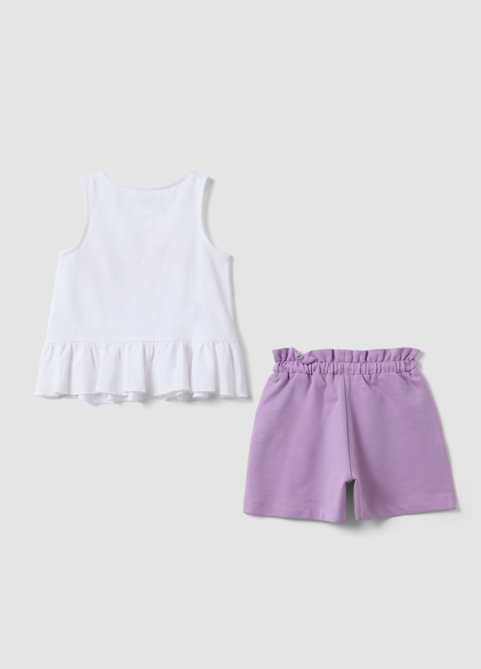 White and purple stretch cotton set with top and shorts
