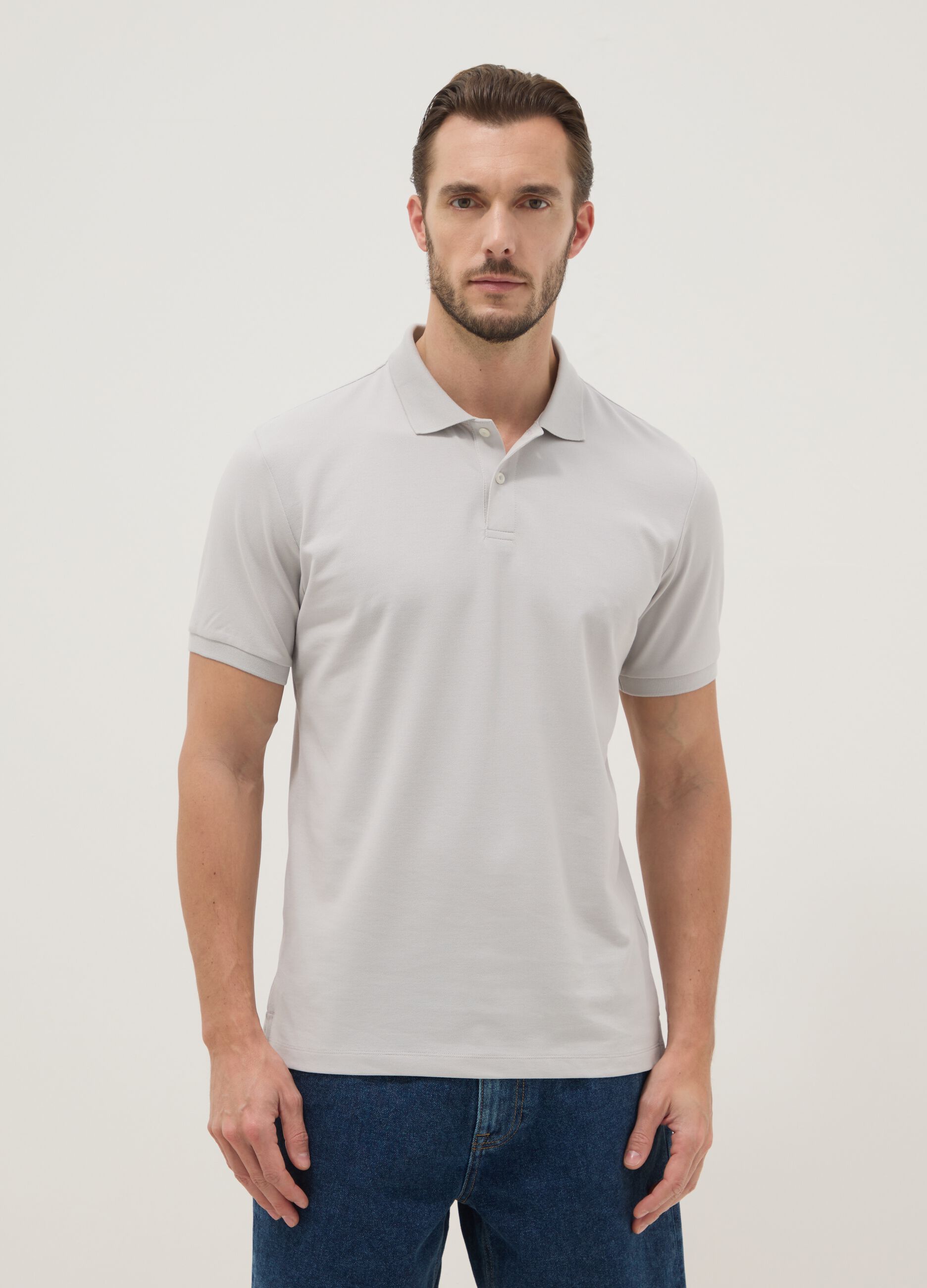 Grey stretchy cotton blend polo regular fit
