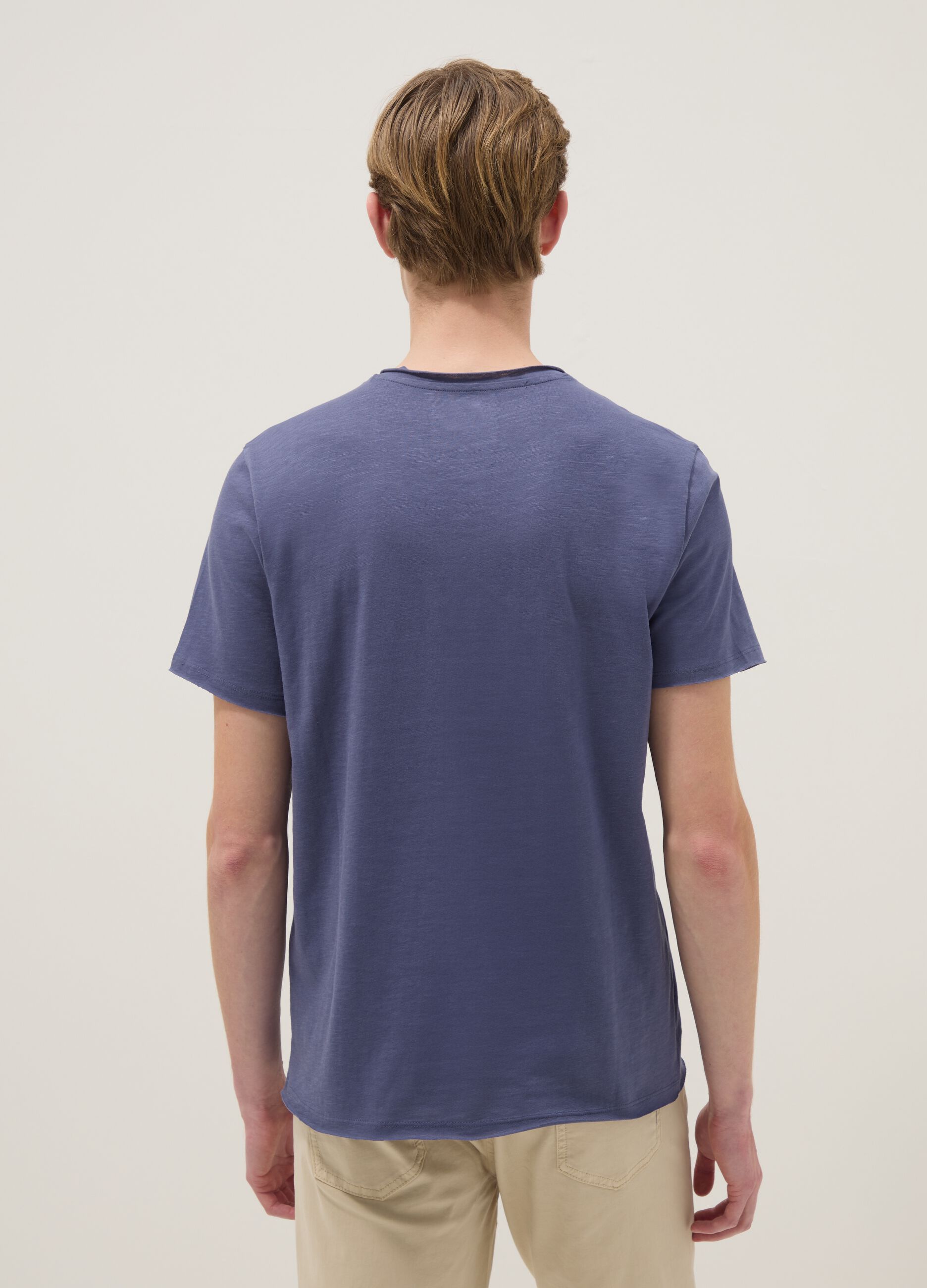 Blue pure cotton T-shirt with seraph collar regular fit