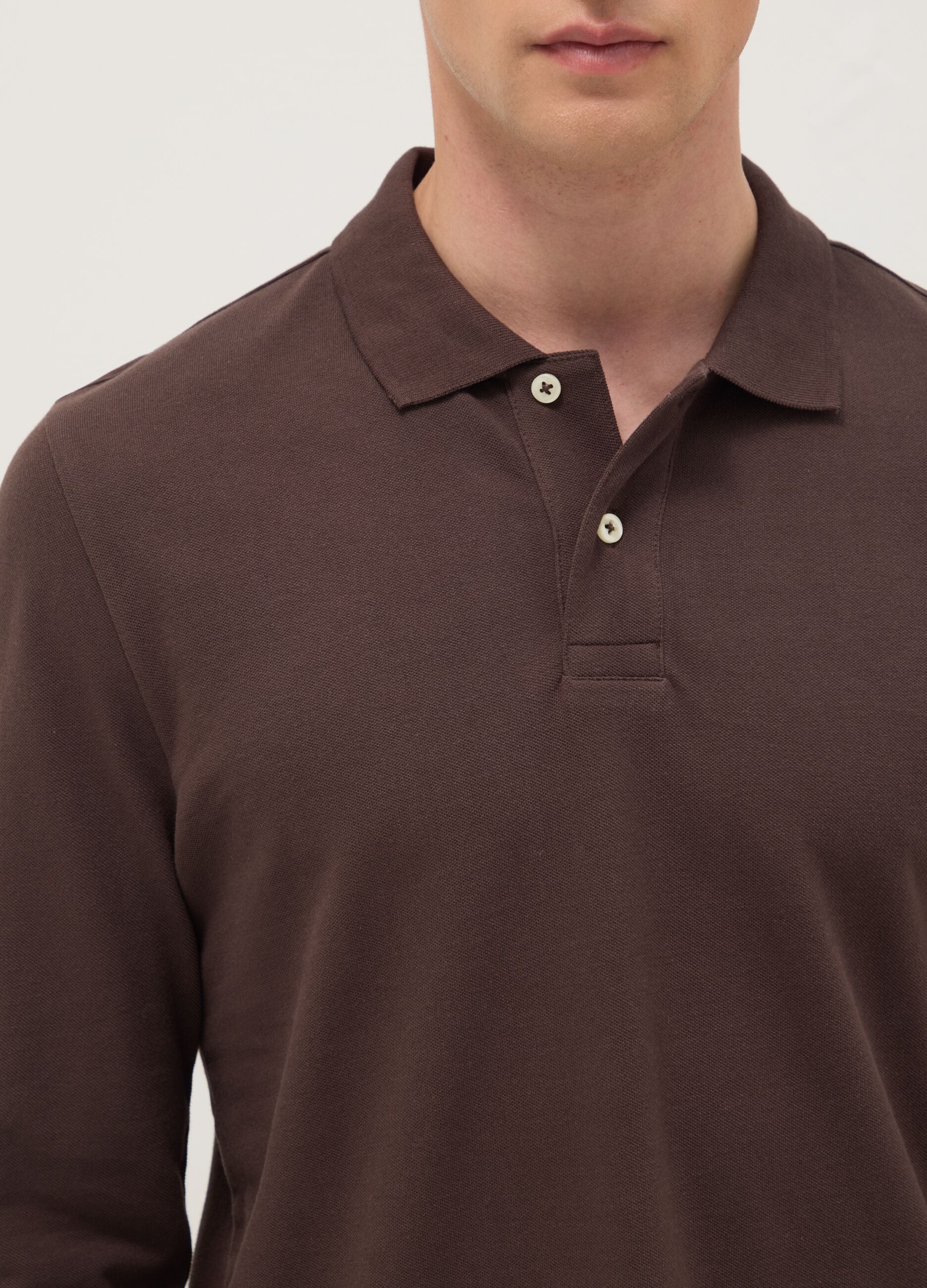 Brown long sleeve polo in pure cotton regular fit