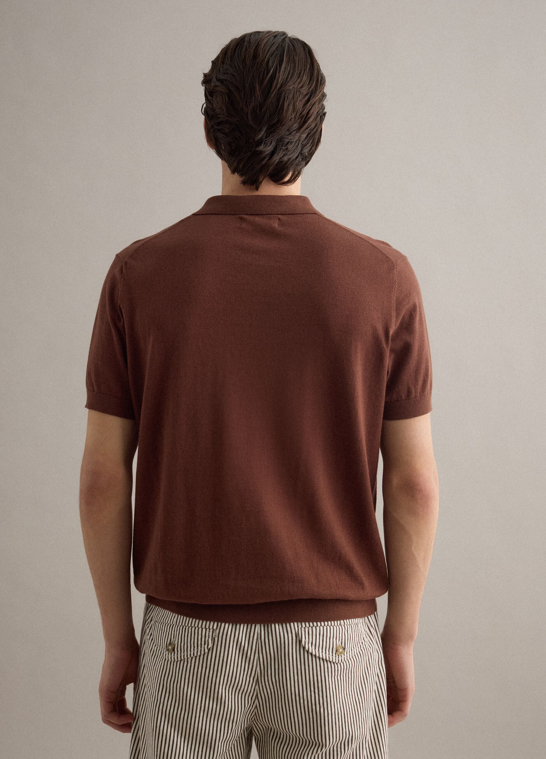 Brown regular fit polo in cotton, linen, and silk blend