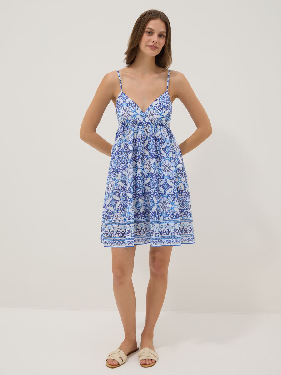 Blue pure cotton slip dress with all-over print_0