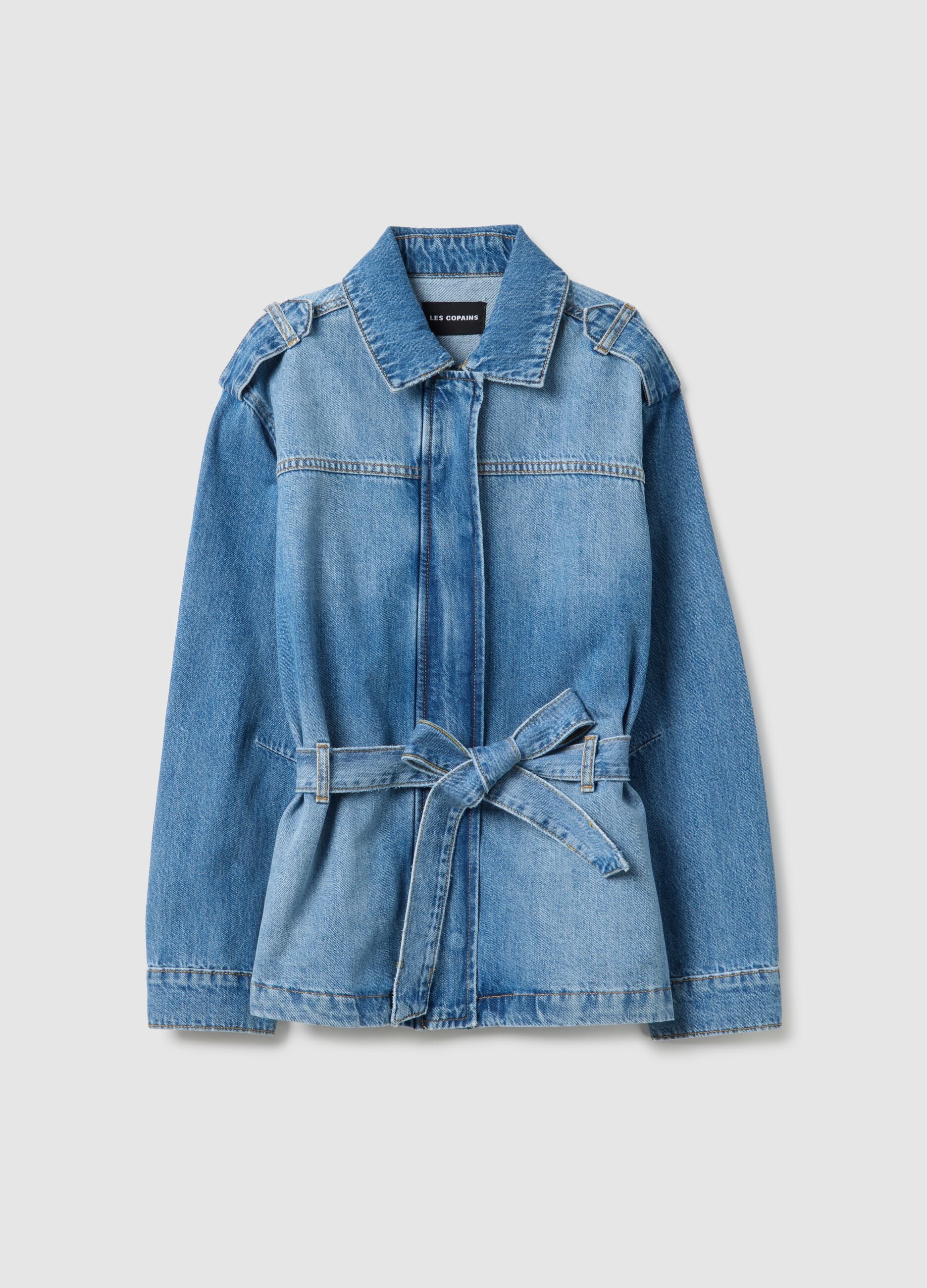 Regular fit pure cotton blue denim jacket with belt