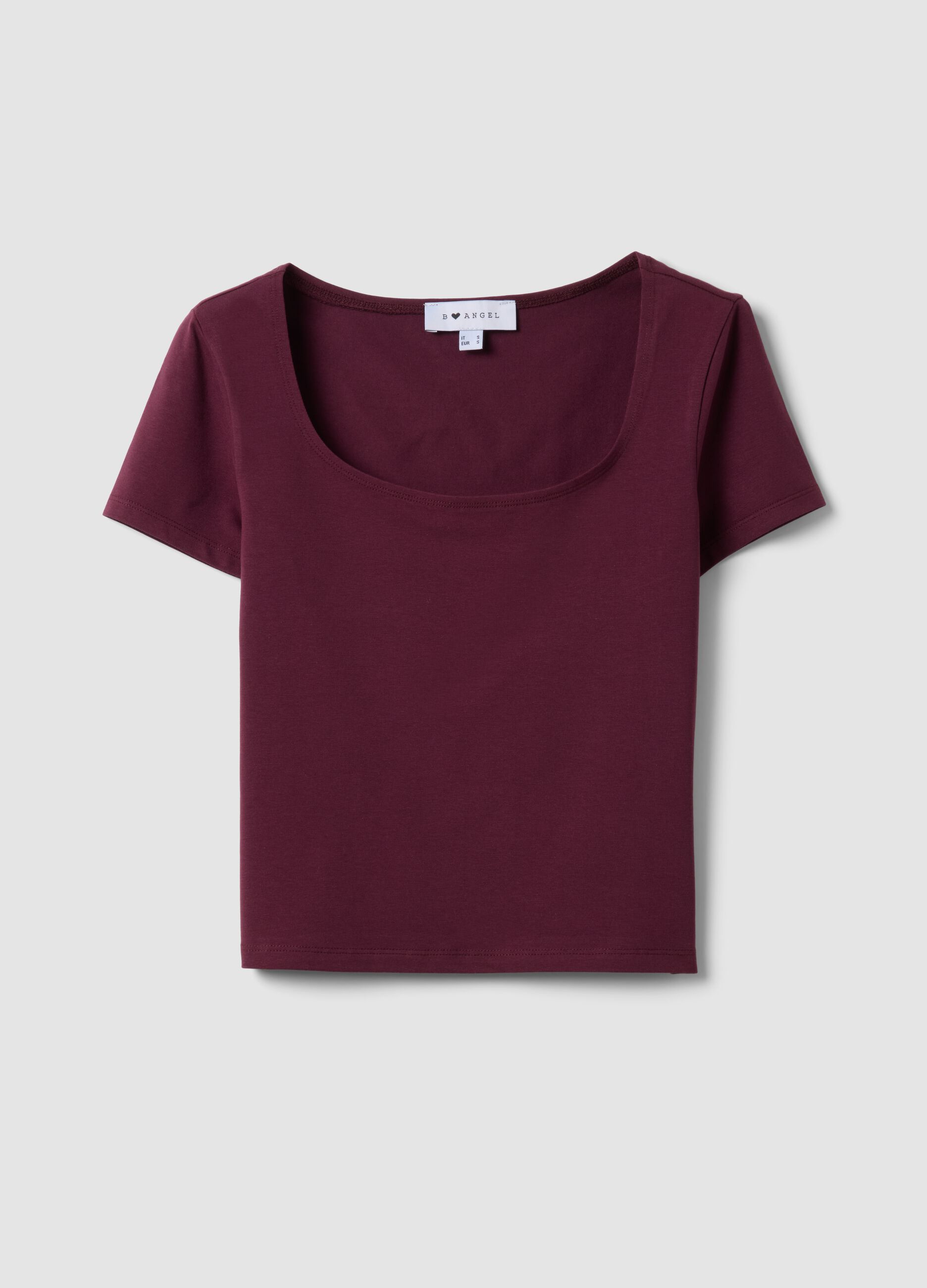 Purple stretch cotton T-shirt with square neckline, regular fit