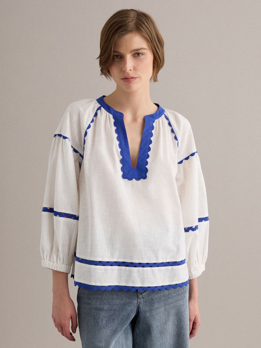 White pure cotton blouse with blue piping, regular fit_1