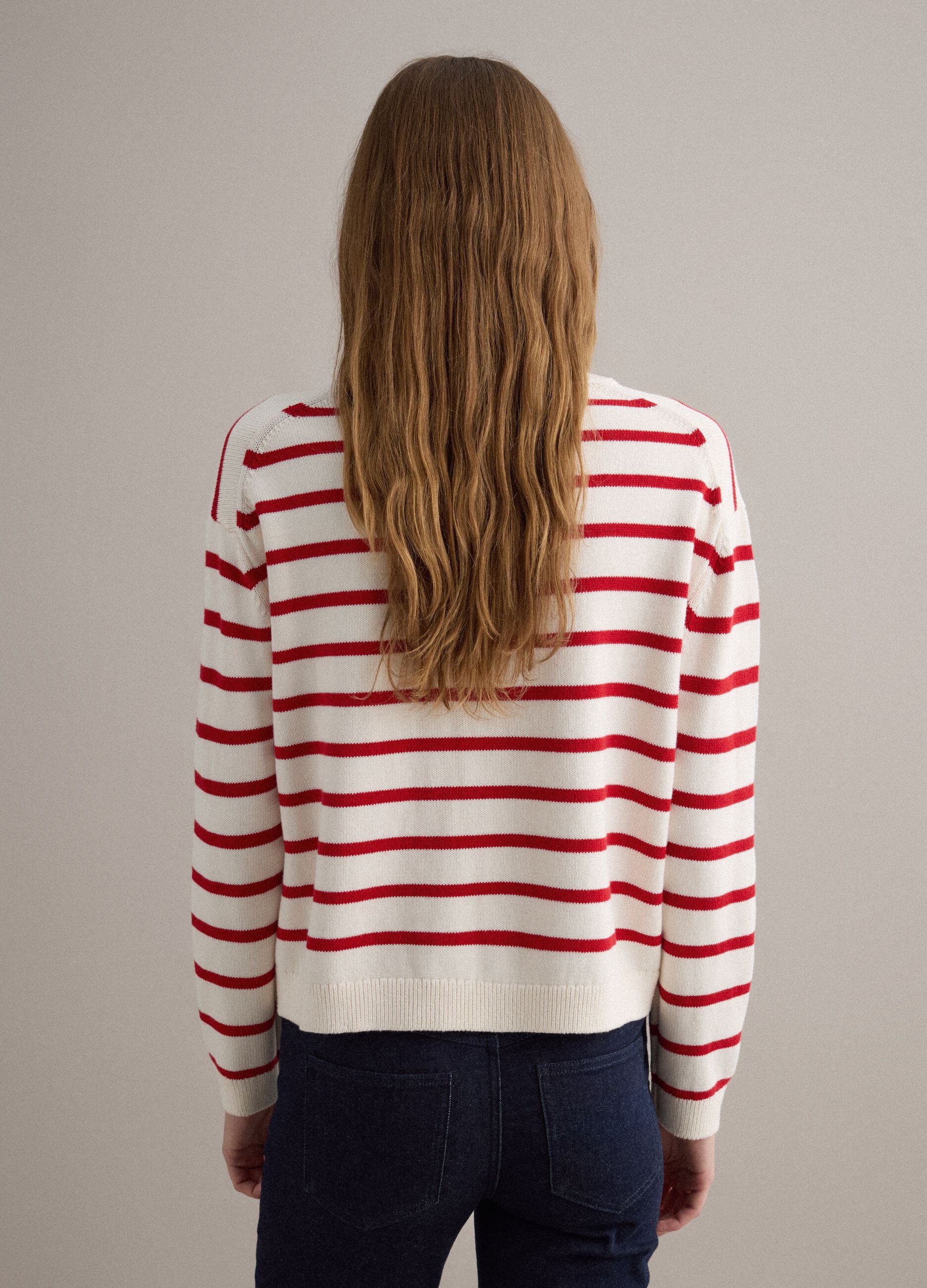 Beige jumper with red stripes in pure cotton regular fit