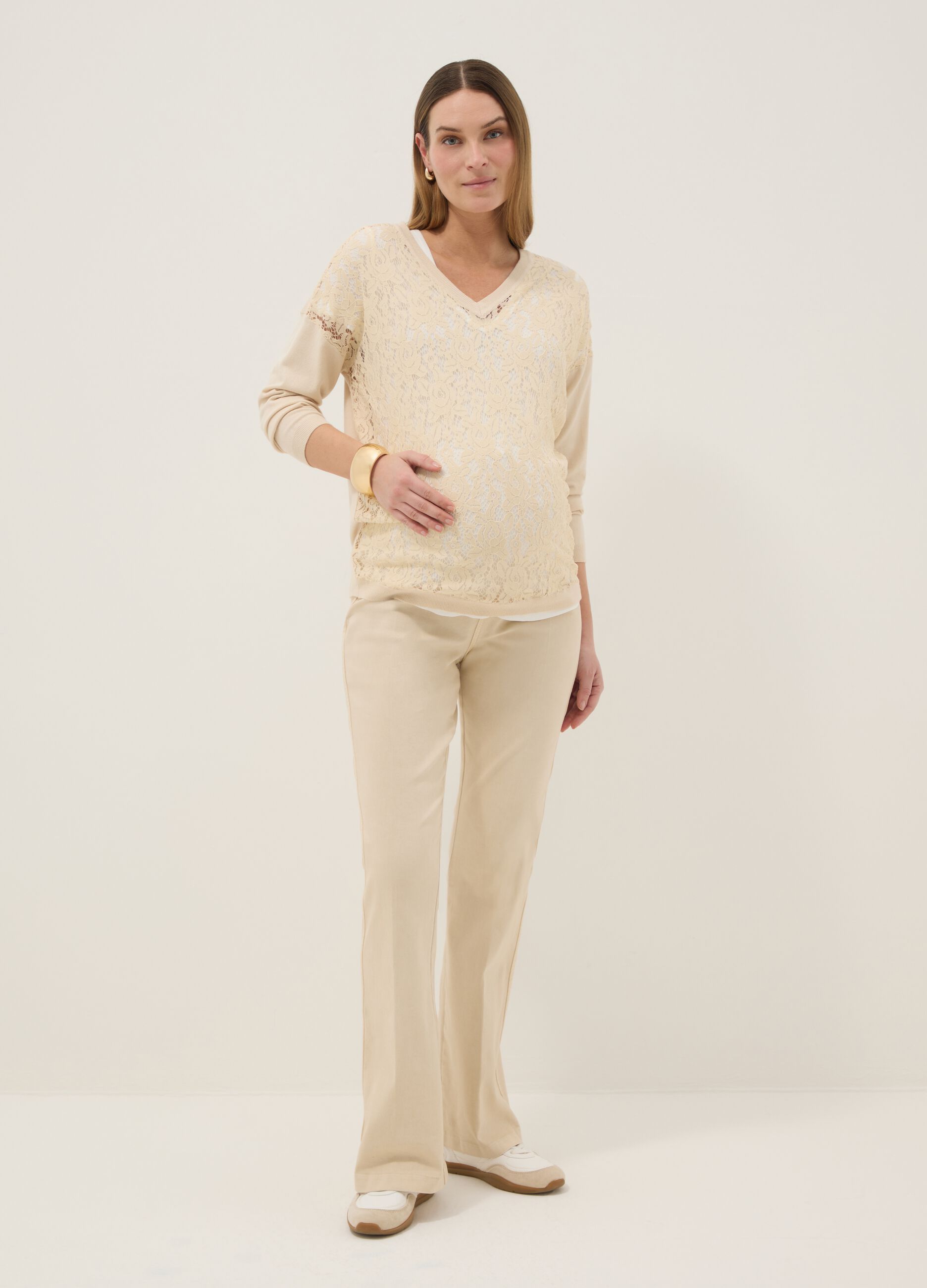 Beige maternity sweater in viscose blend with lace detailing