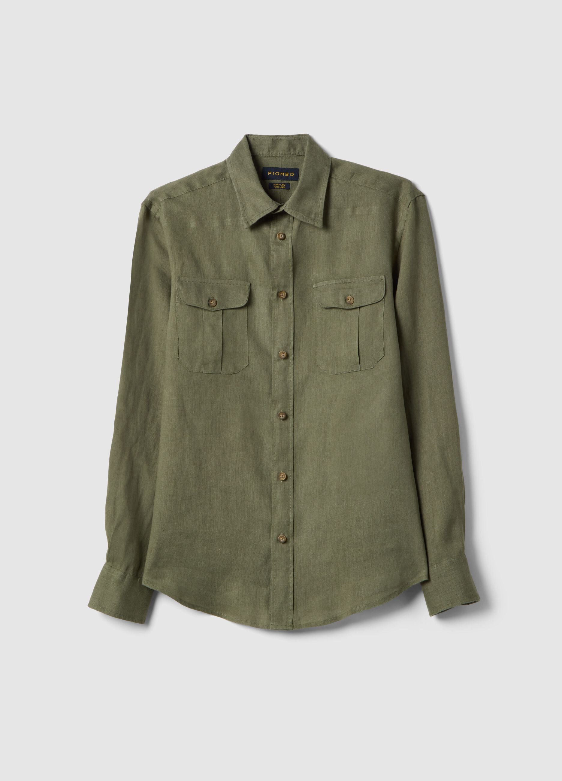 Regular fit pure linen green shirt with pockets