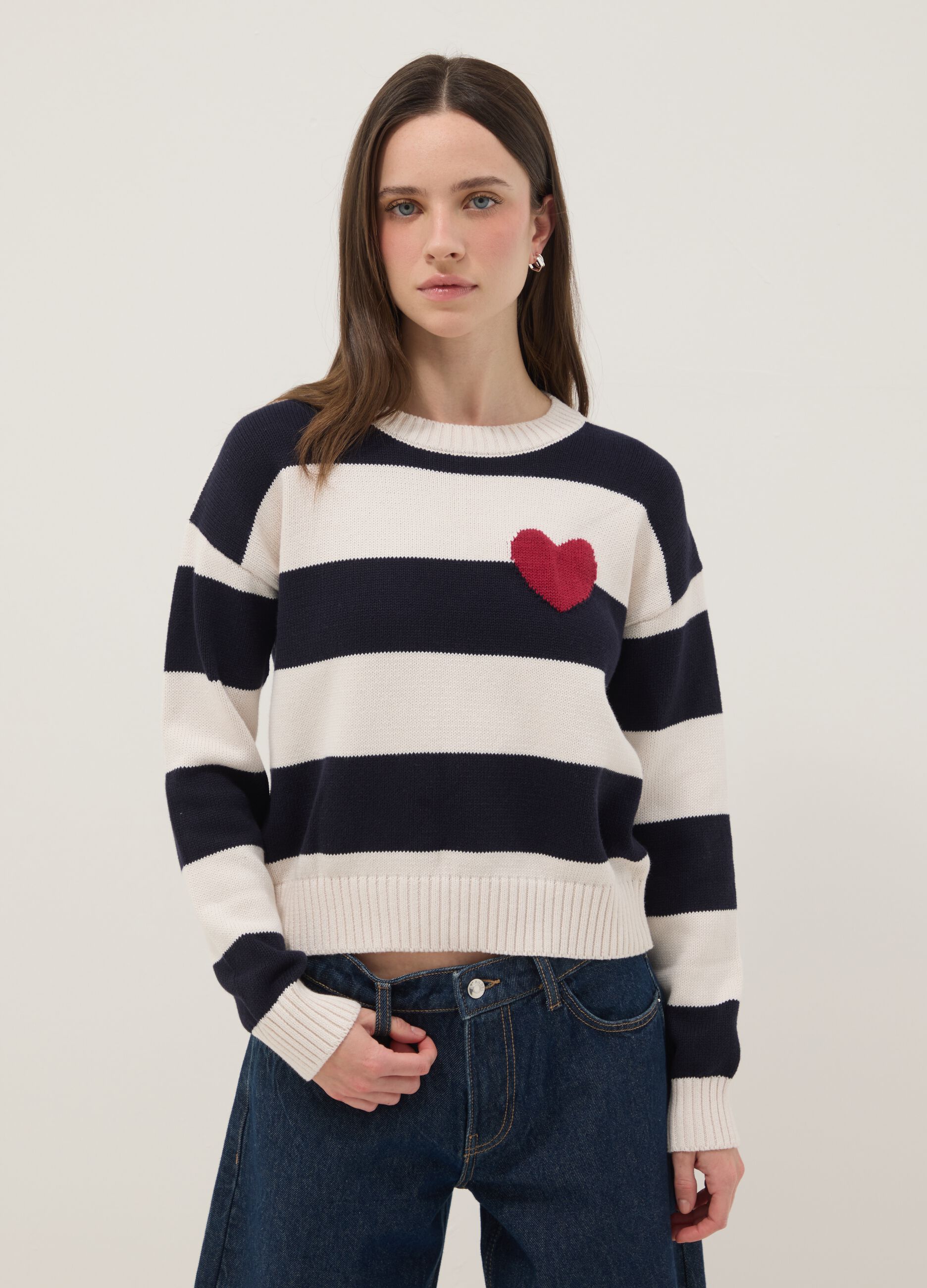 Regular fit multicolour striped cotton blend jumper with heart