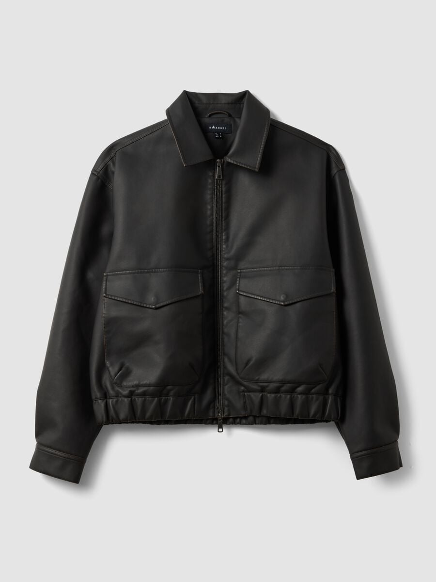 Giubbotto nero crop con zip e tasche con pattina over fit_0
