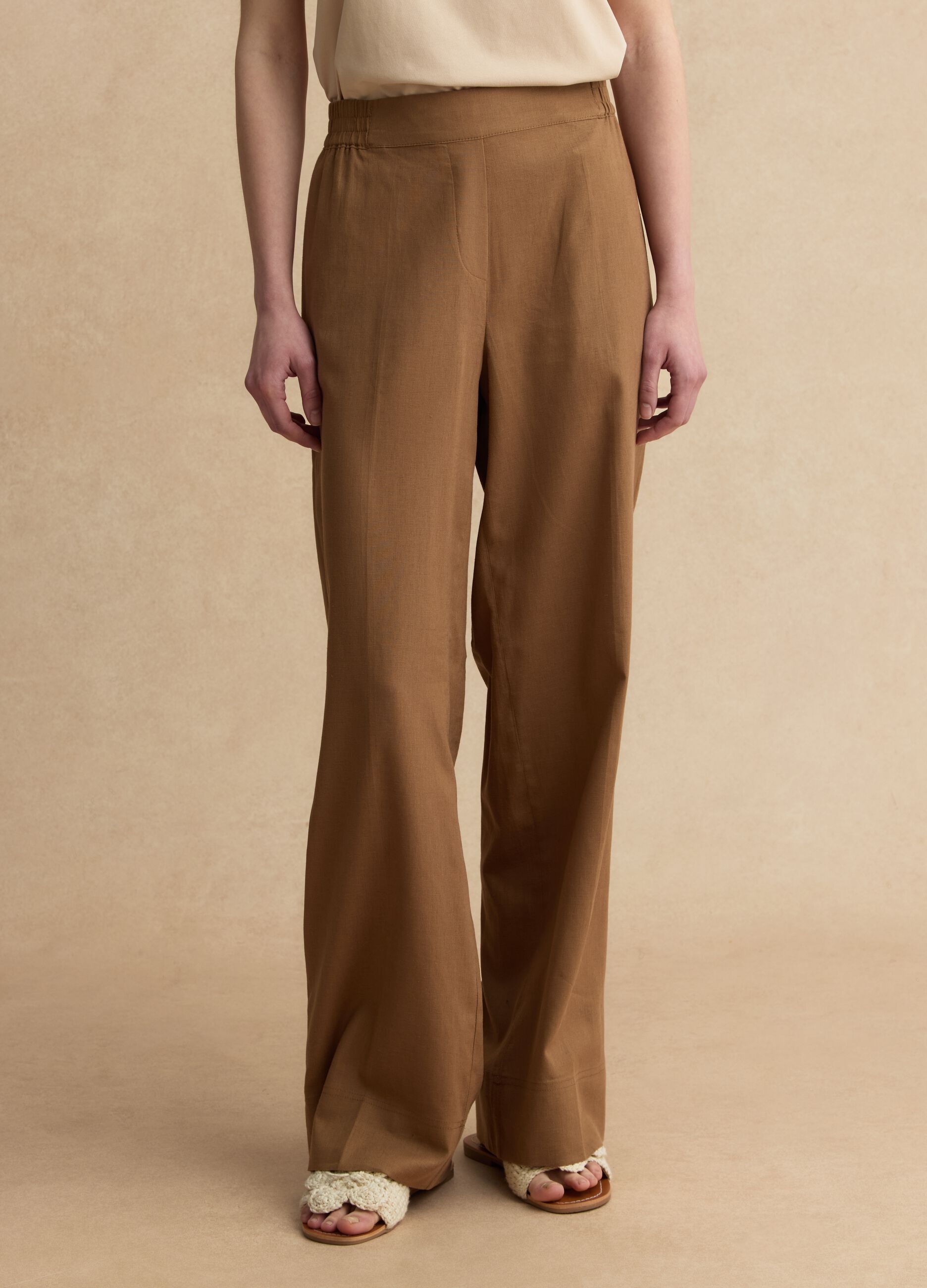 Brown wide leg linen blend trousers
