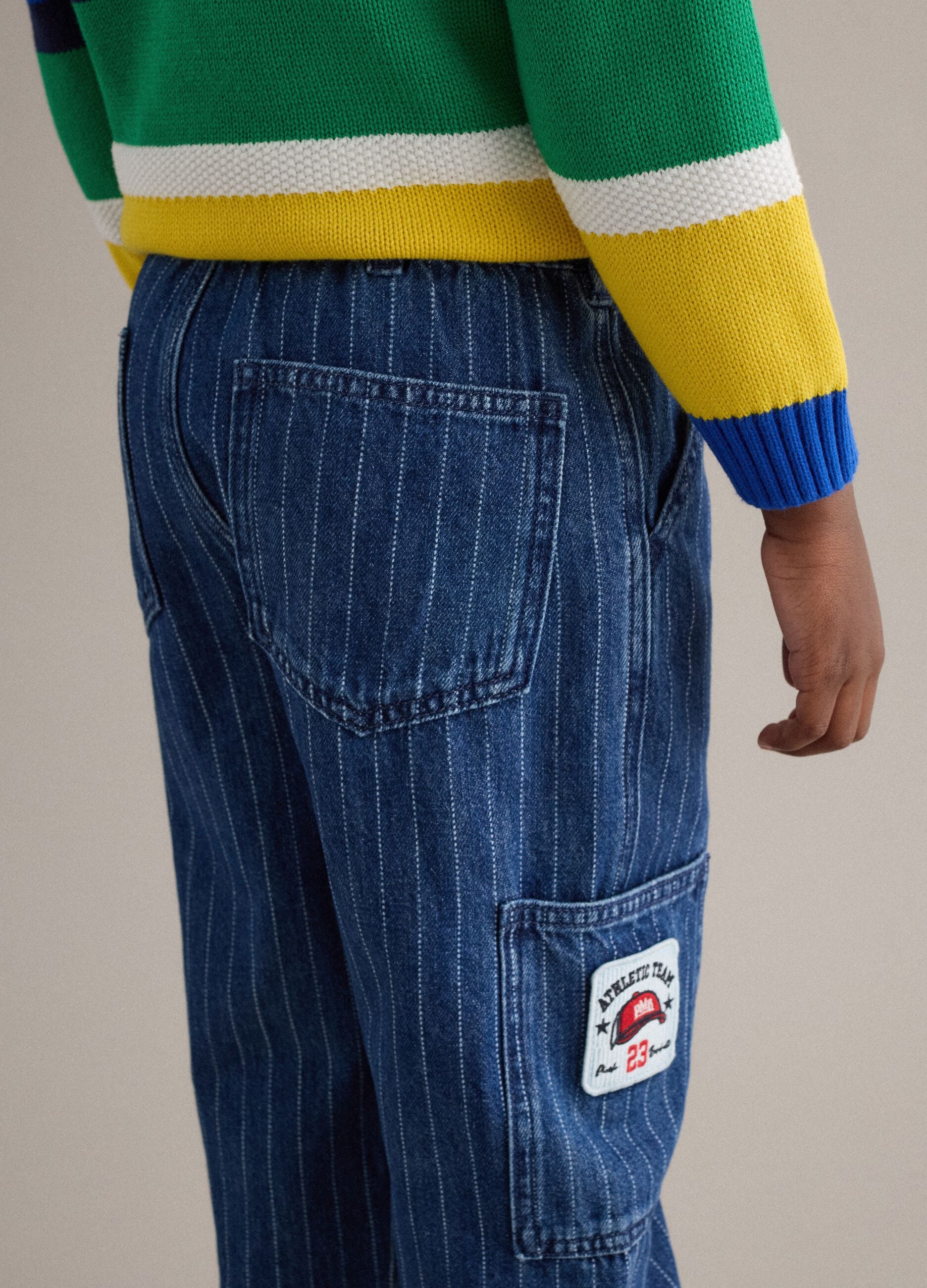 Children's relaxed fit striped blue cotton blend cargo trousers