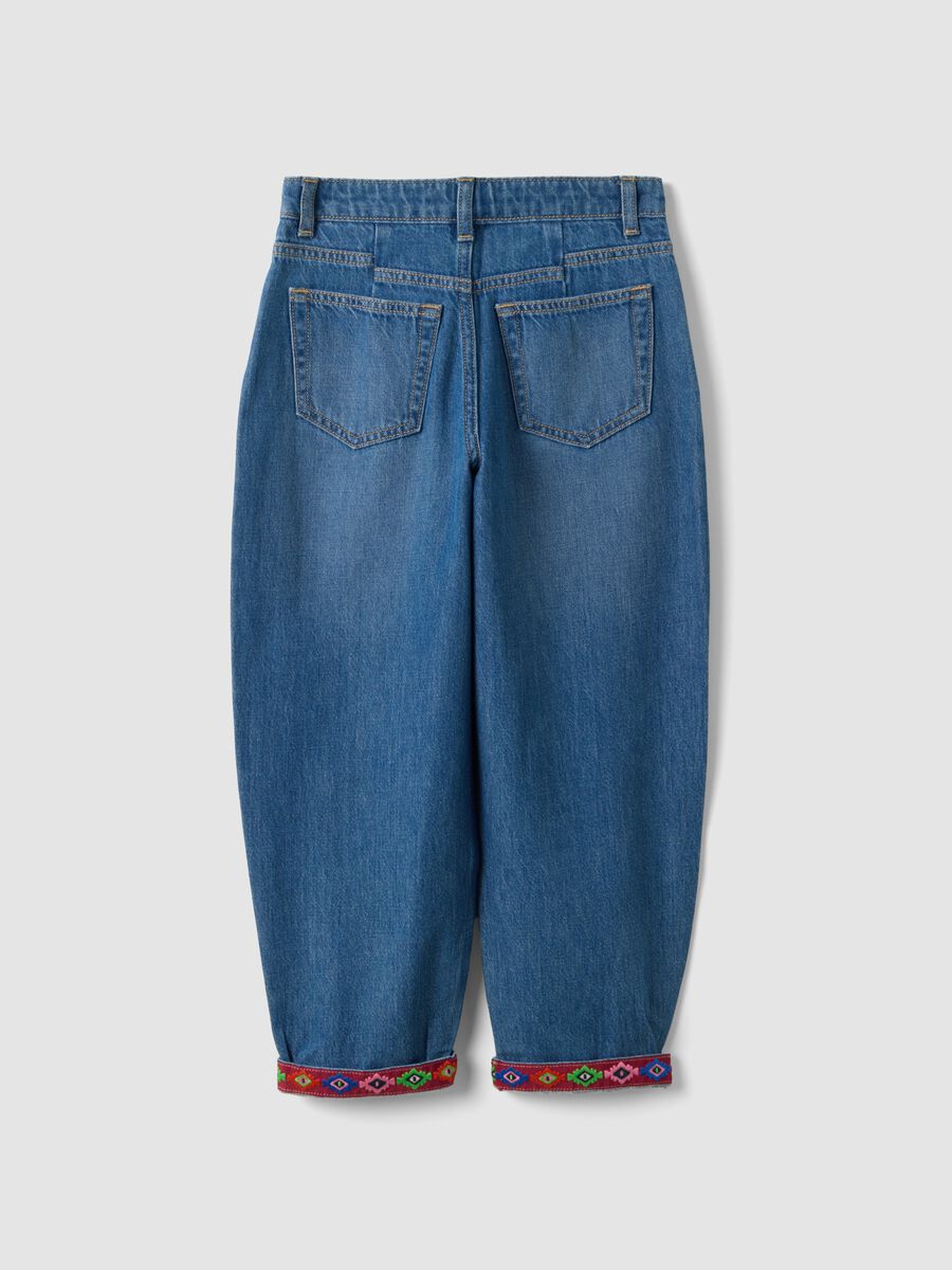 Girls&rsquo; blue baggy pure cotton jeans with embroidered turn-up hem_4