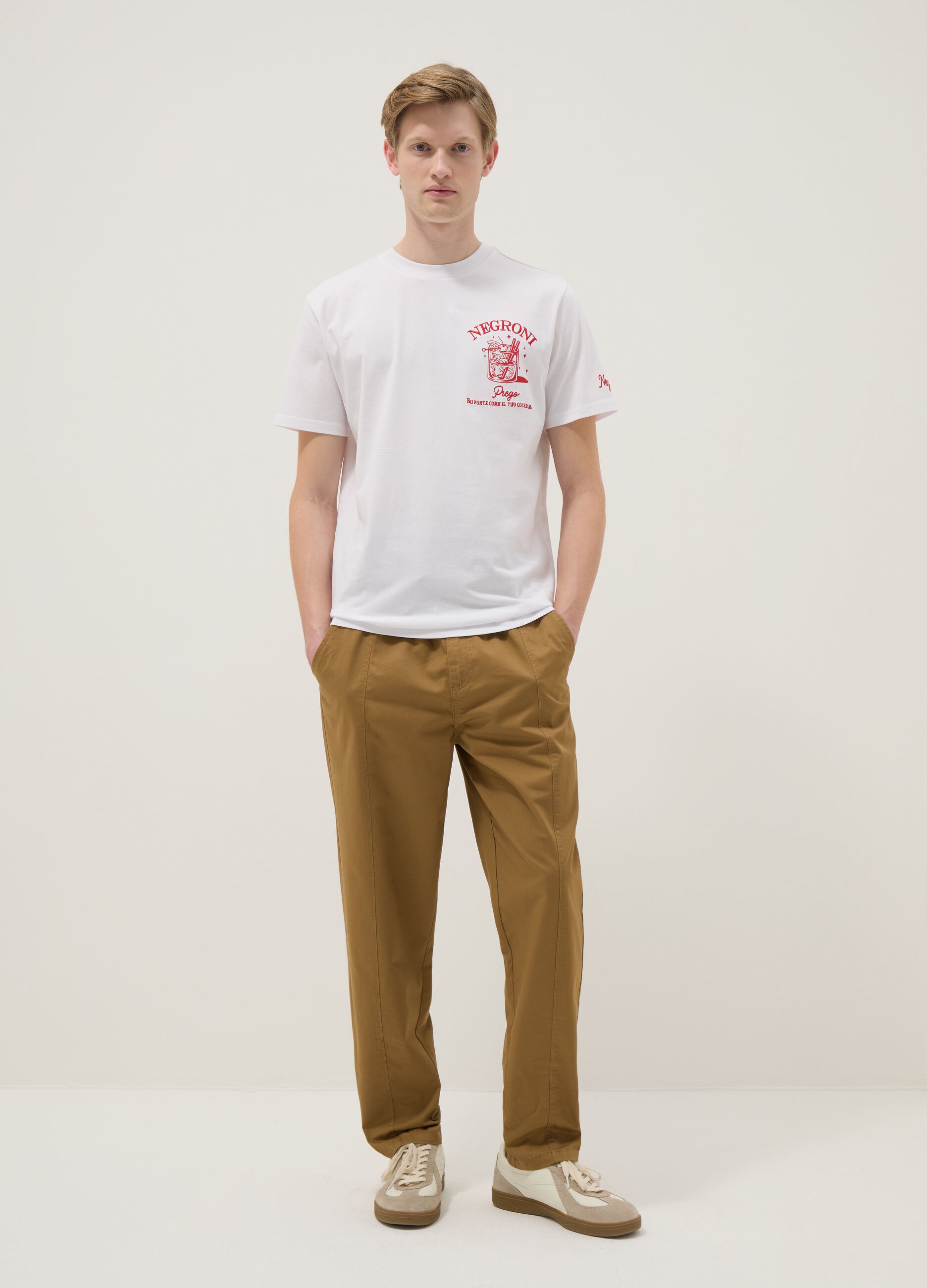 White pure cotton regular fit T-shirt with Negroni prints