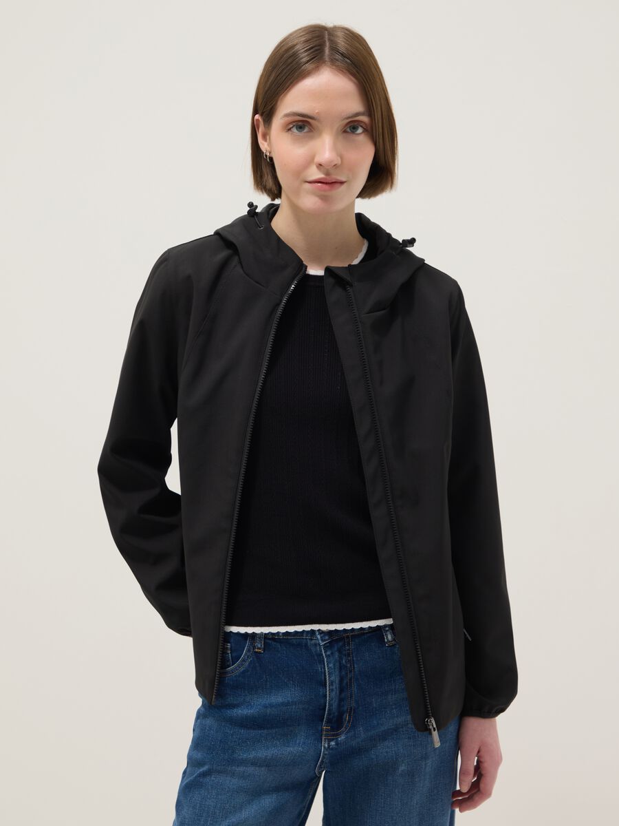 Black regular fit waterproof jacket with zip and hood_0