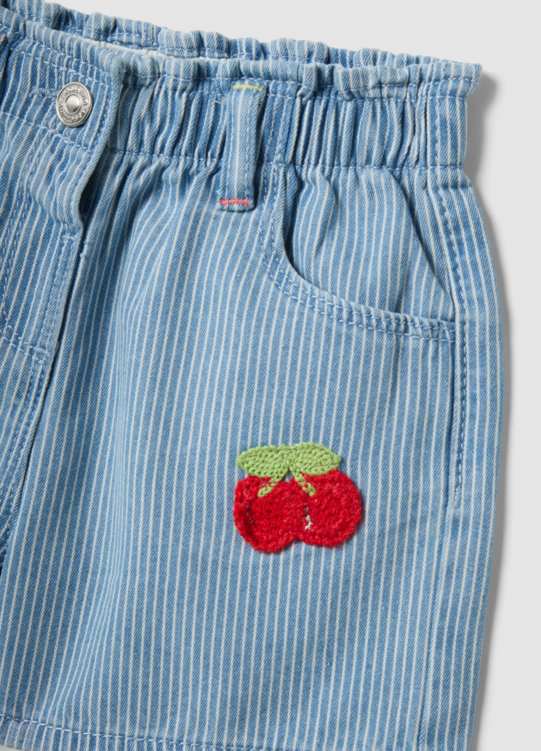Girls&rsquo; light blue striped cotton-blend shorts with cherry embroidery