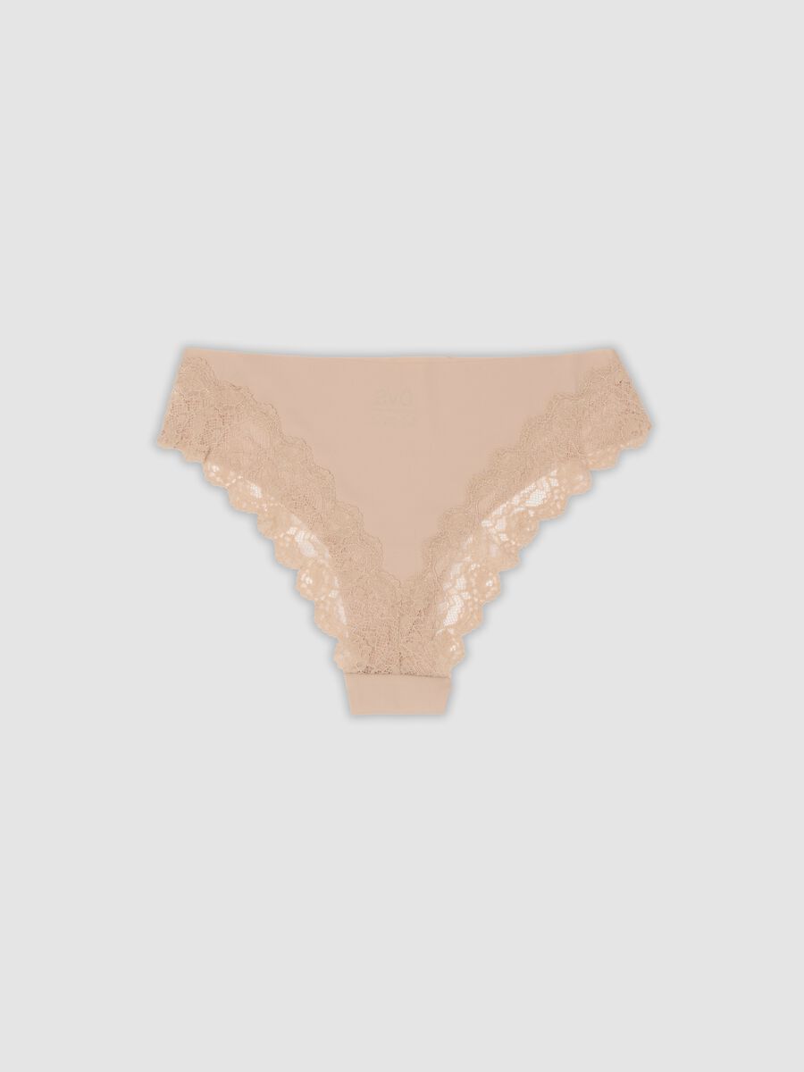 Beige Brazilian briefs in stretch microfibre with lace_1