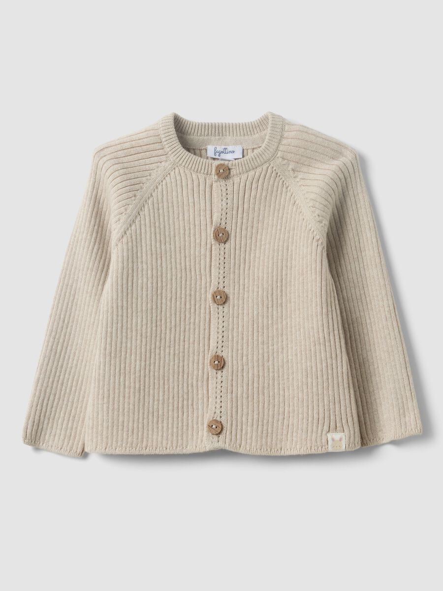 Beige pure organic cotton rib-knit cardigan for baby girl_0