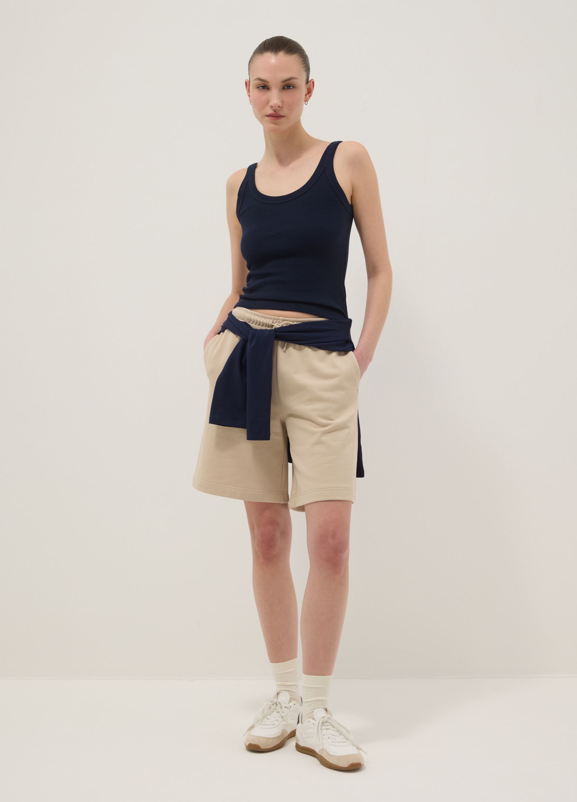 Beige cotton-blend regular-fit shorts with elasticated waist