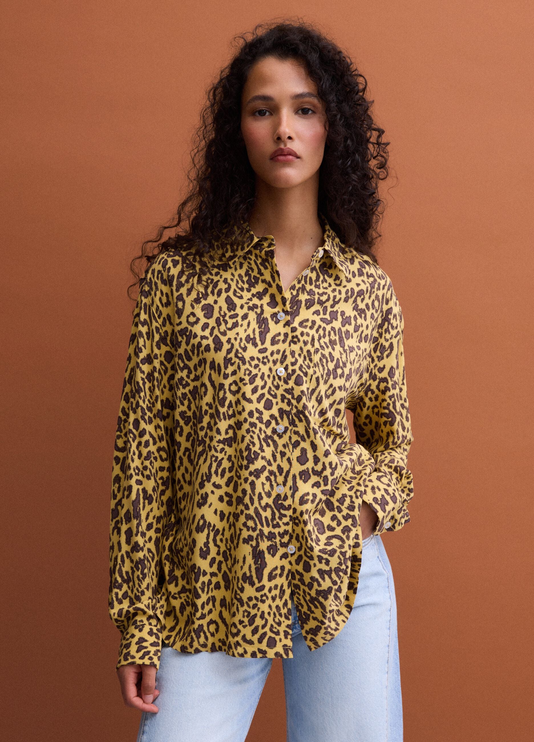 Yellow pure viscose animal-print shirt, regular fit