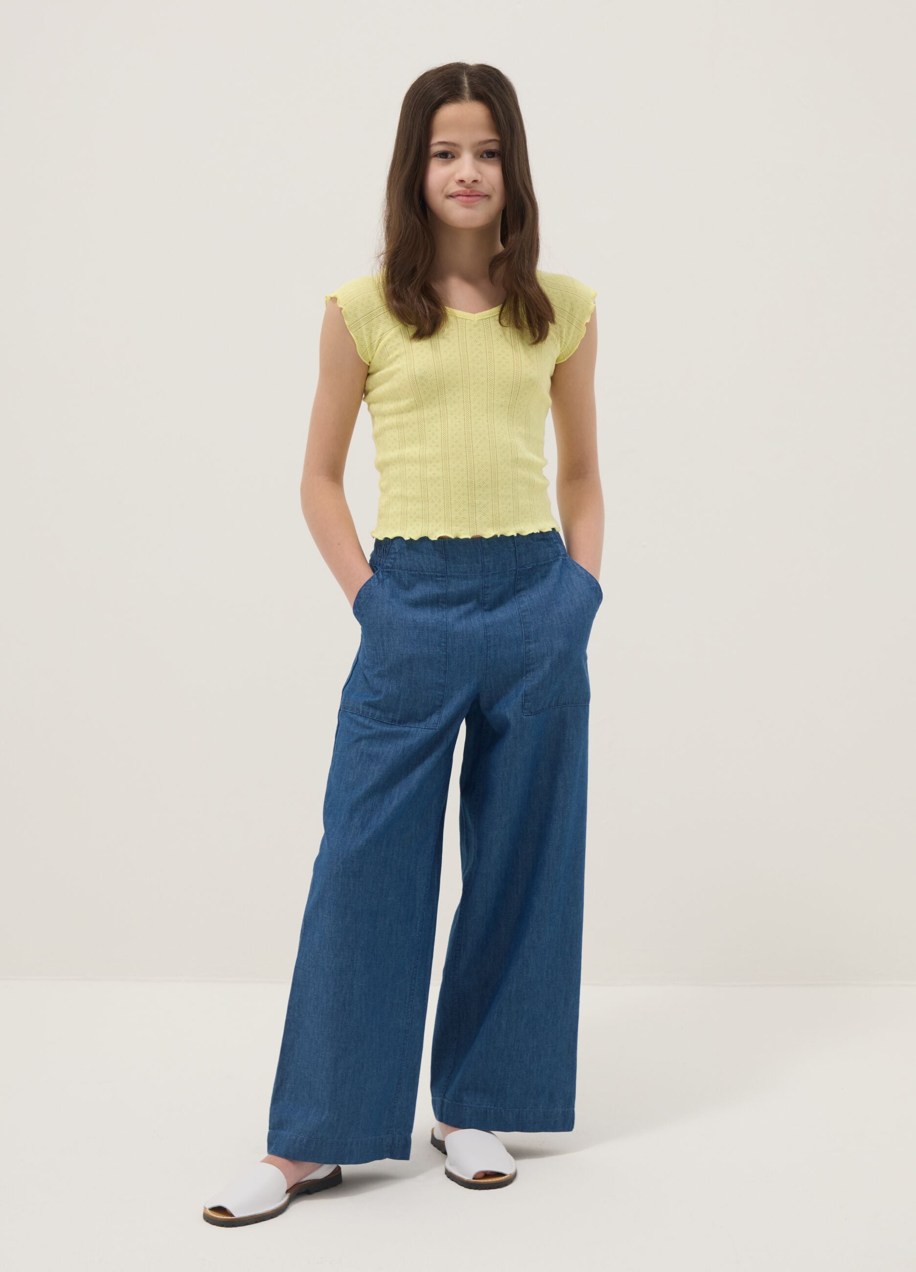 Girls' wide leg pure cotton blue denim trousers