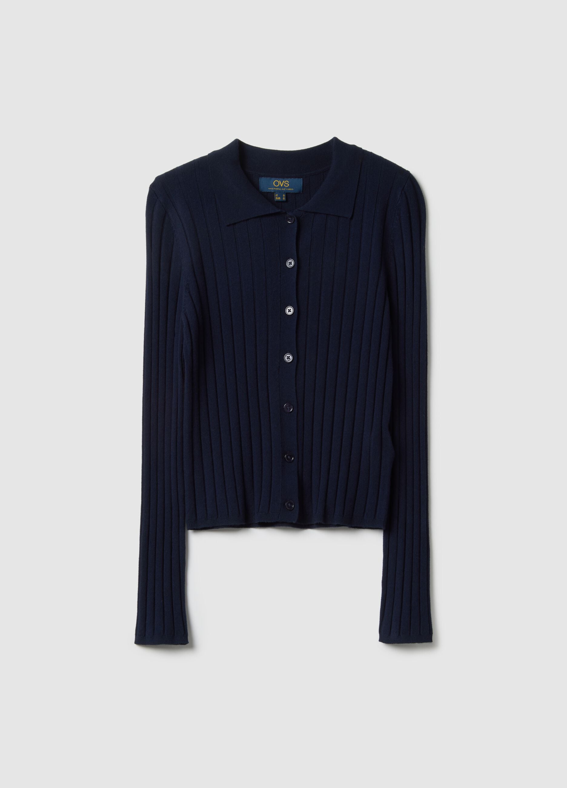 Slim Fit Ribbed Blue Cardigan with Polo Collar