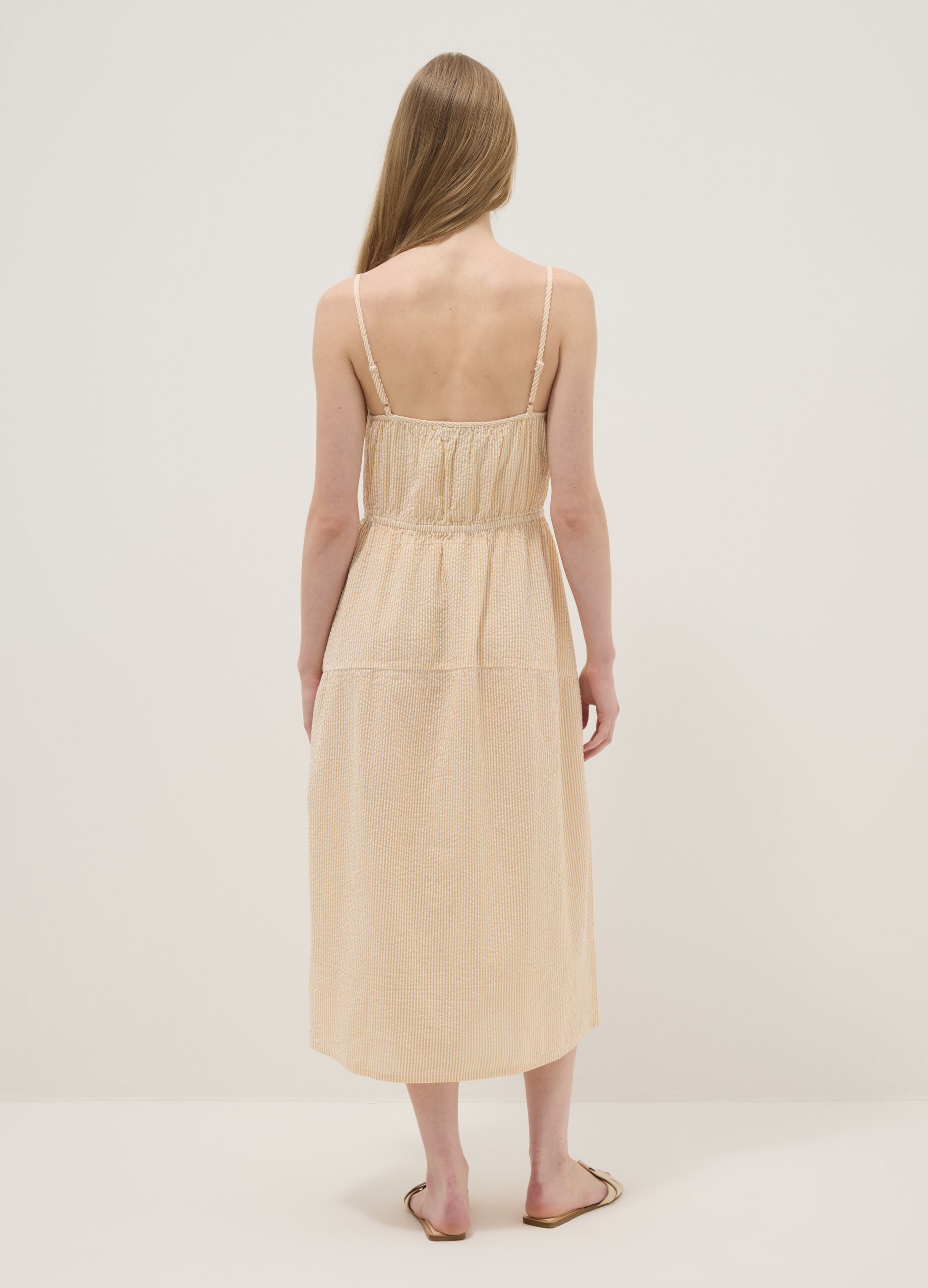 Beige striped pure cotton regular-fit dress with thin straps