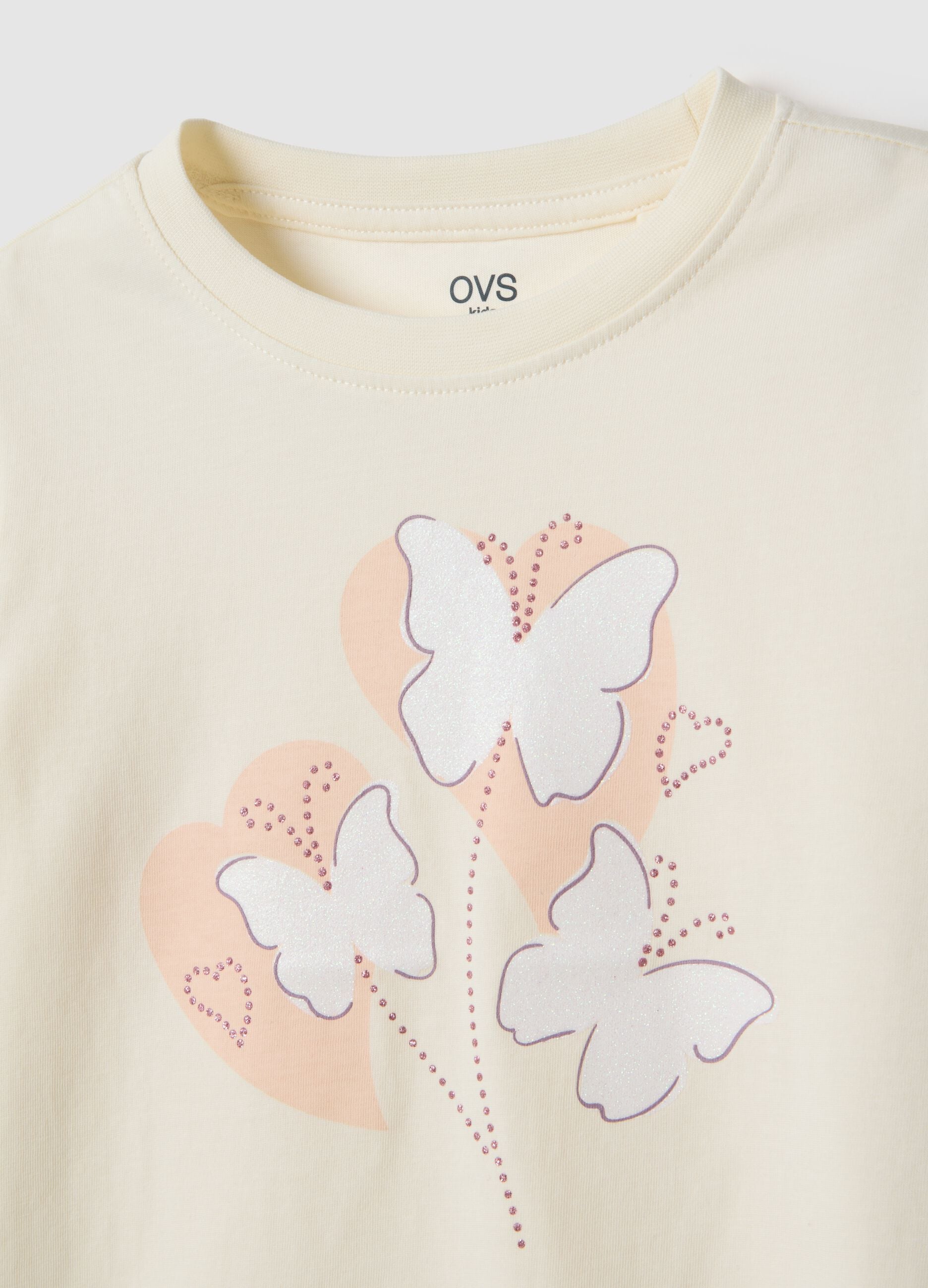 Beige pure cotton T-shirt with butterflies for girls
