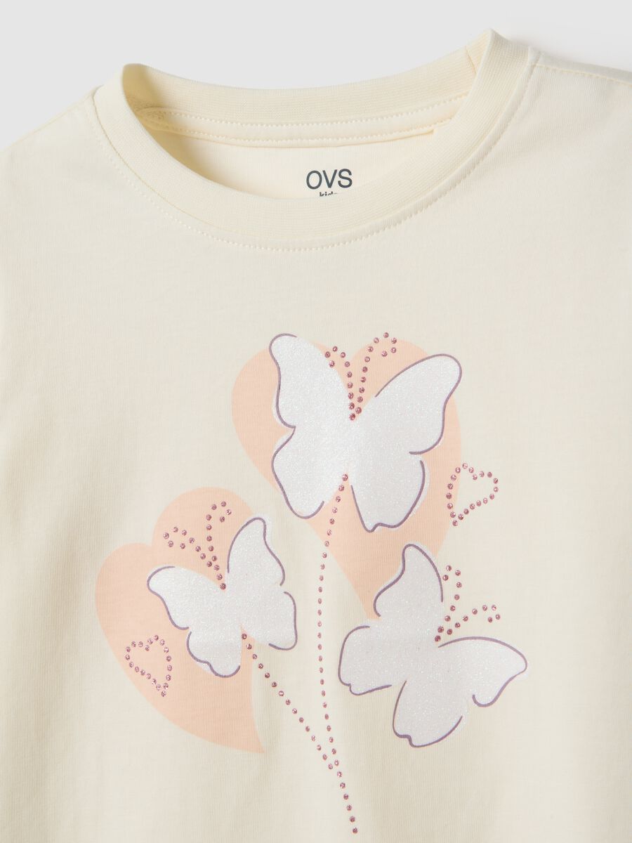 Beige pure cotton T-shirt with butterflies for girls_2