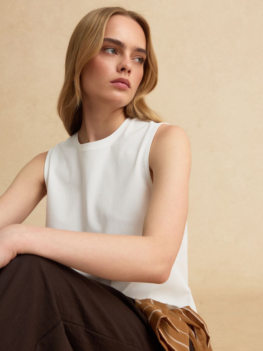 Tank top bianco in misto cotone regular fit_1